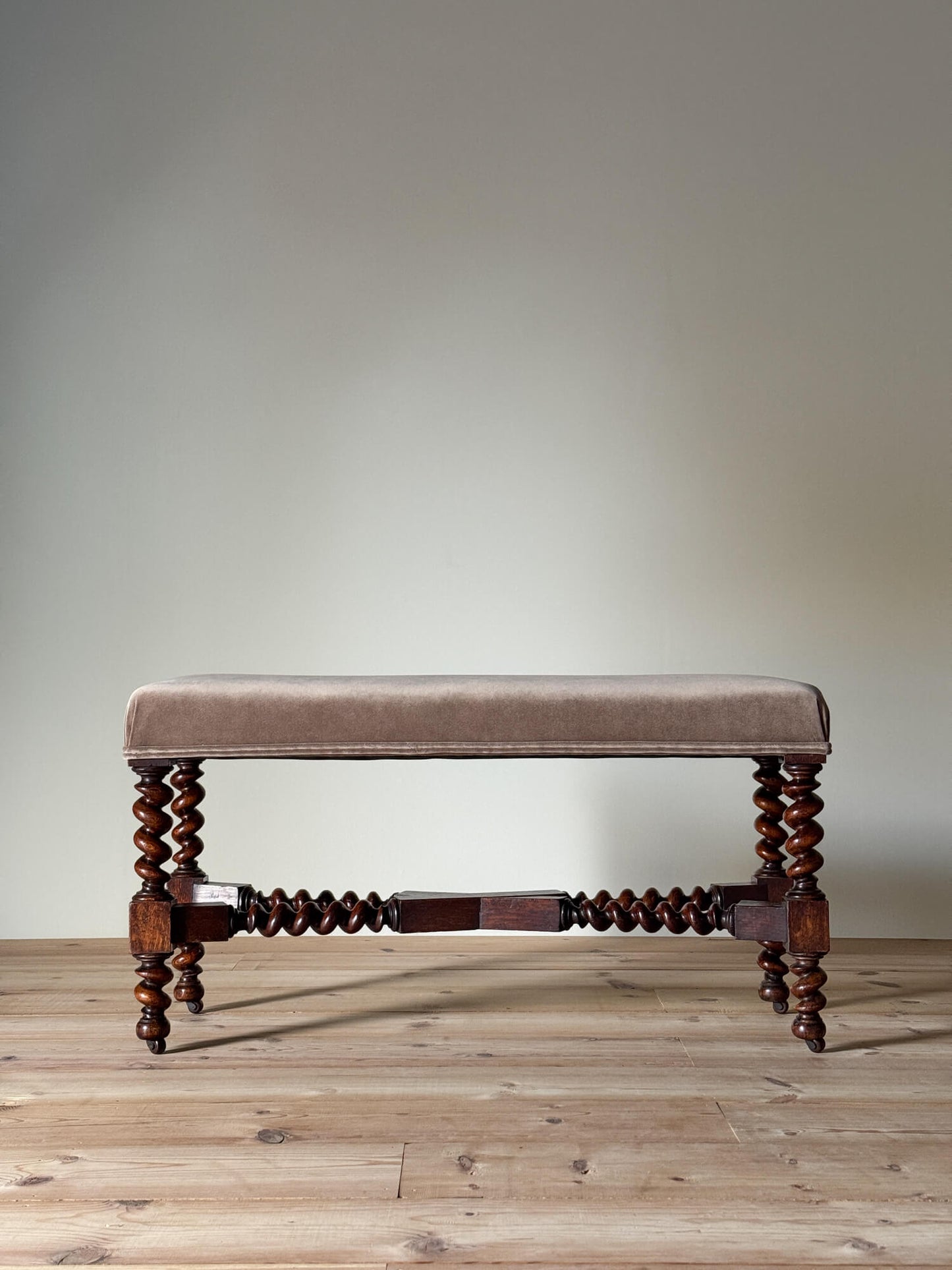 Antique oak upholstered barley twist stool