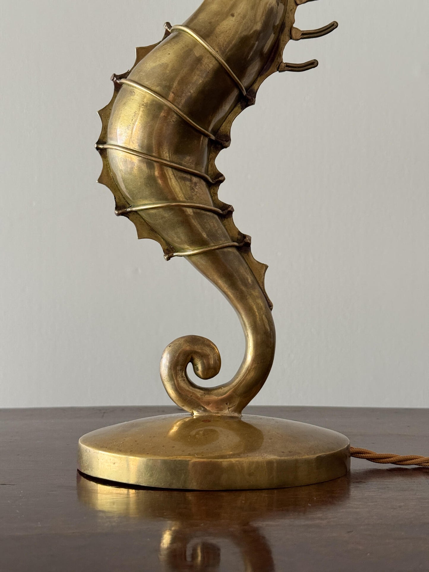 French mid-century brass seahorse table lamp