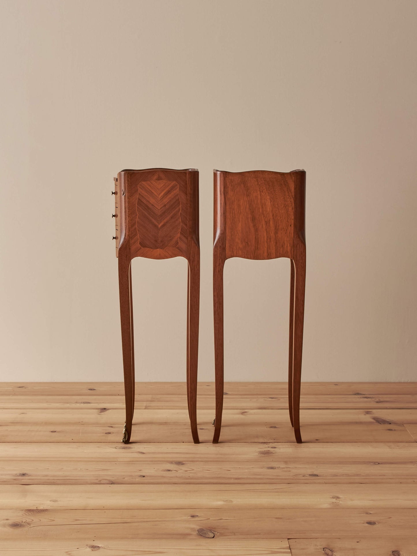 Pair of petite French vintage kingwood bedside tables