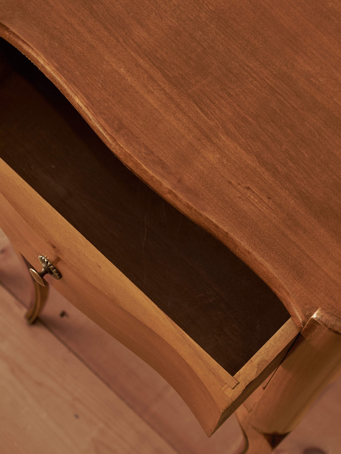 Pair of French cherry bedside tables with three drawers