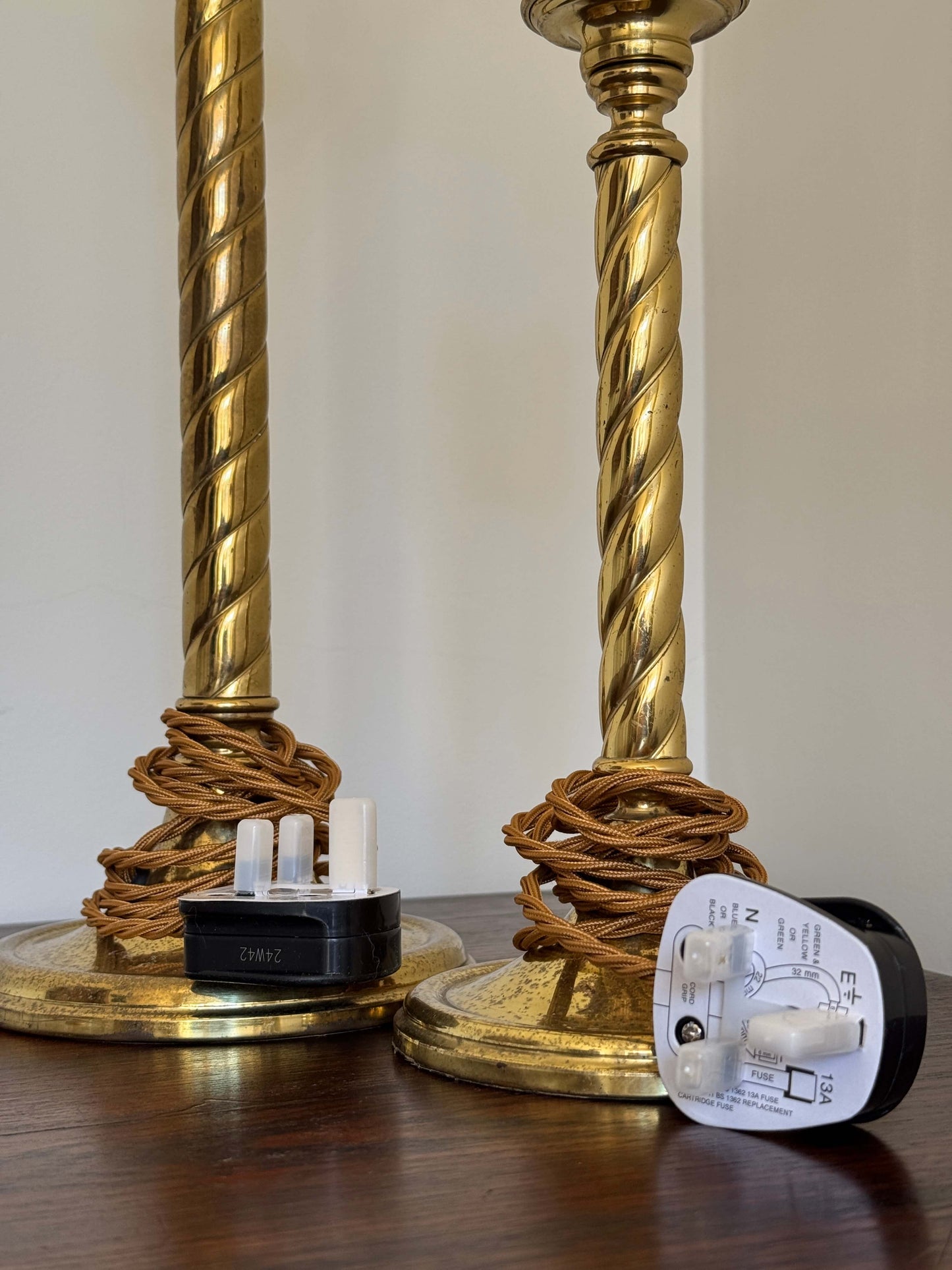 Pair of vintage brass twisted table lamps