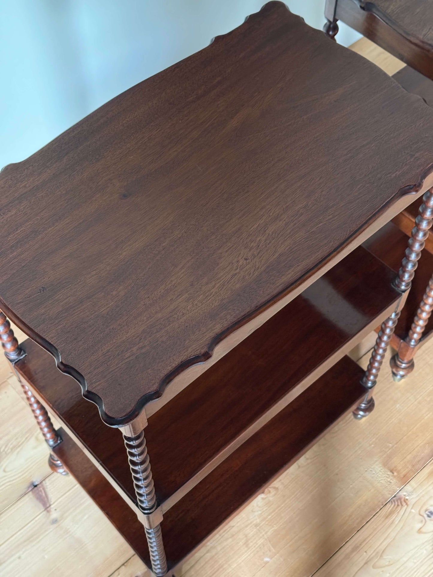 Pair of Victorian bobbin mahogany whatnots on castors
