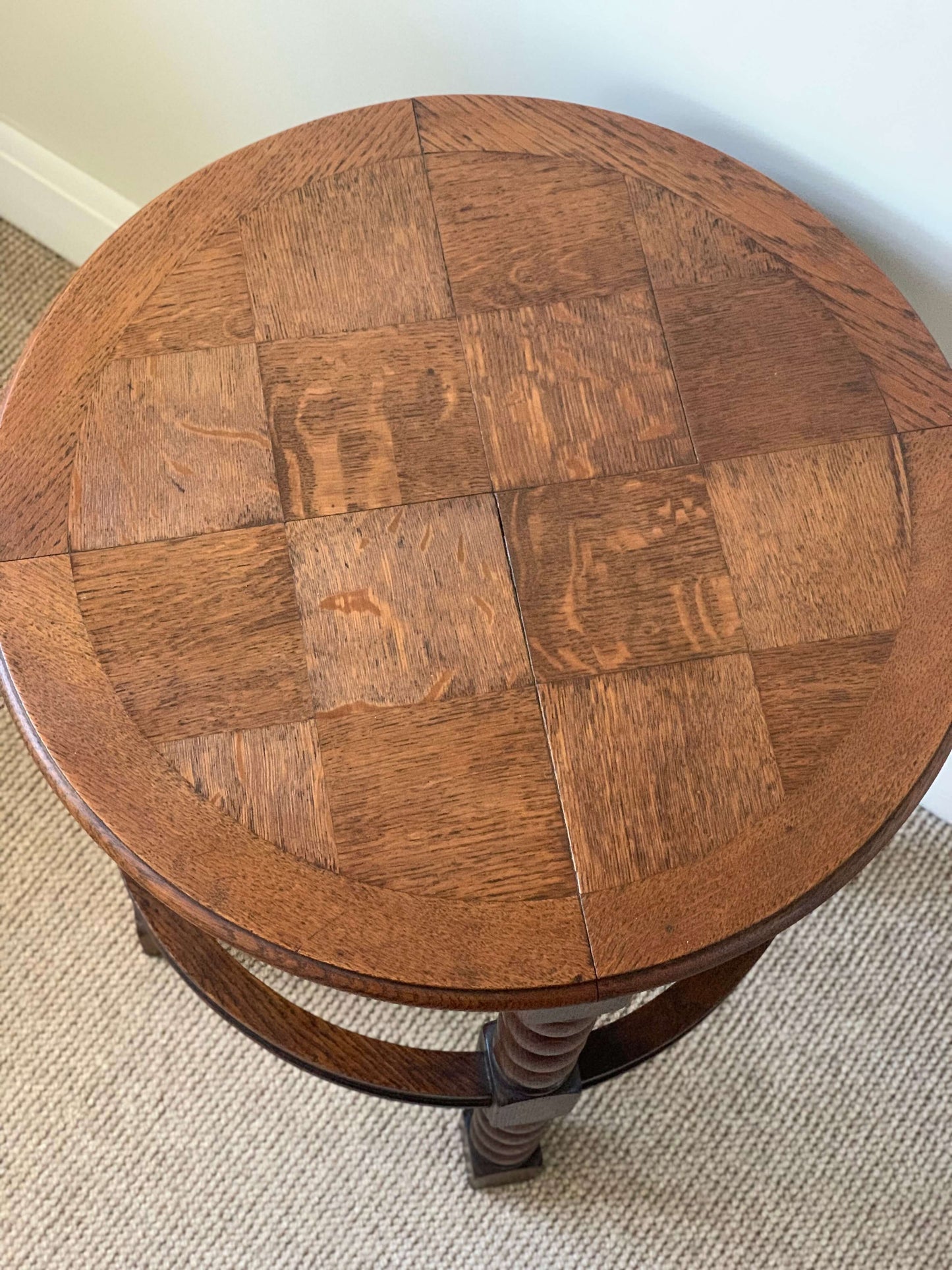Antique circular bobbin table with parquet top