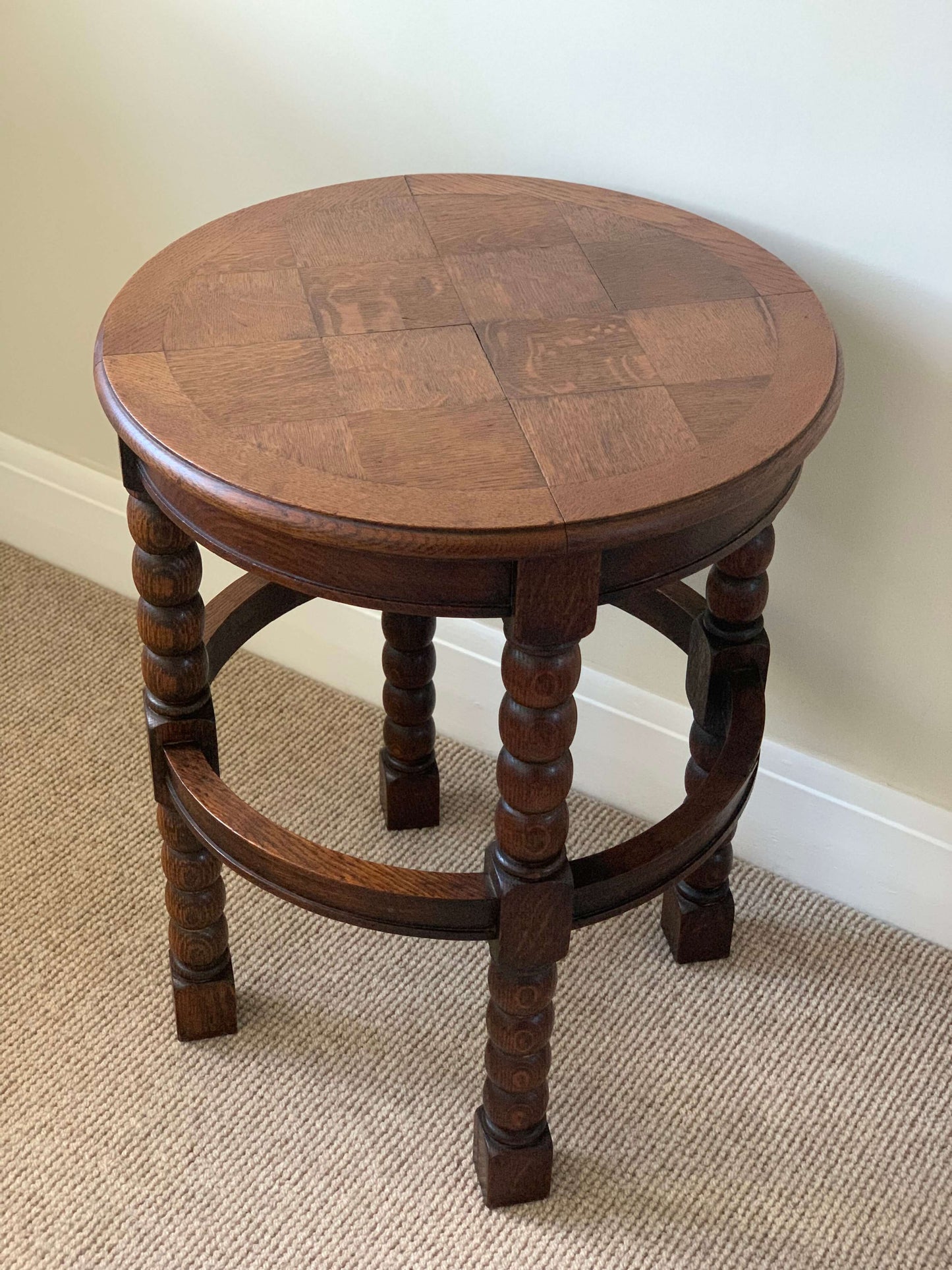 Antique circular bobbin table with parquet top
