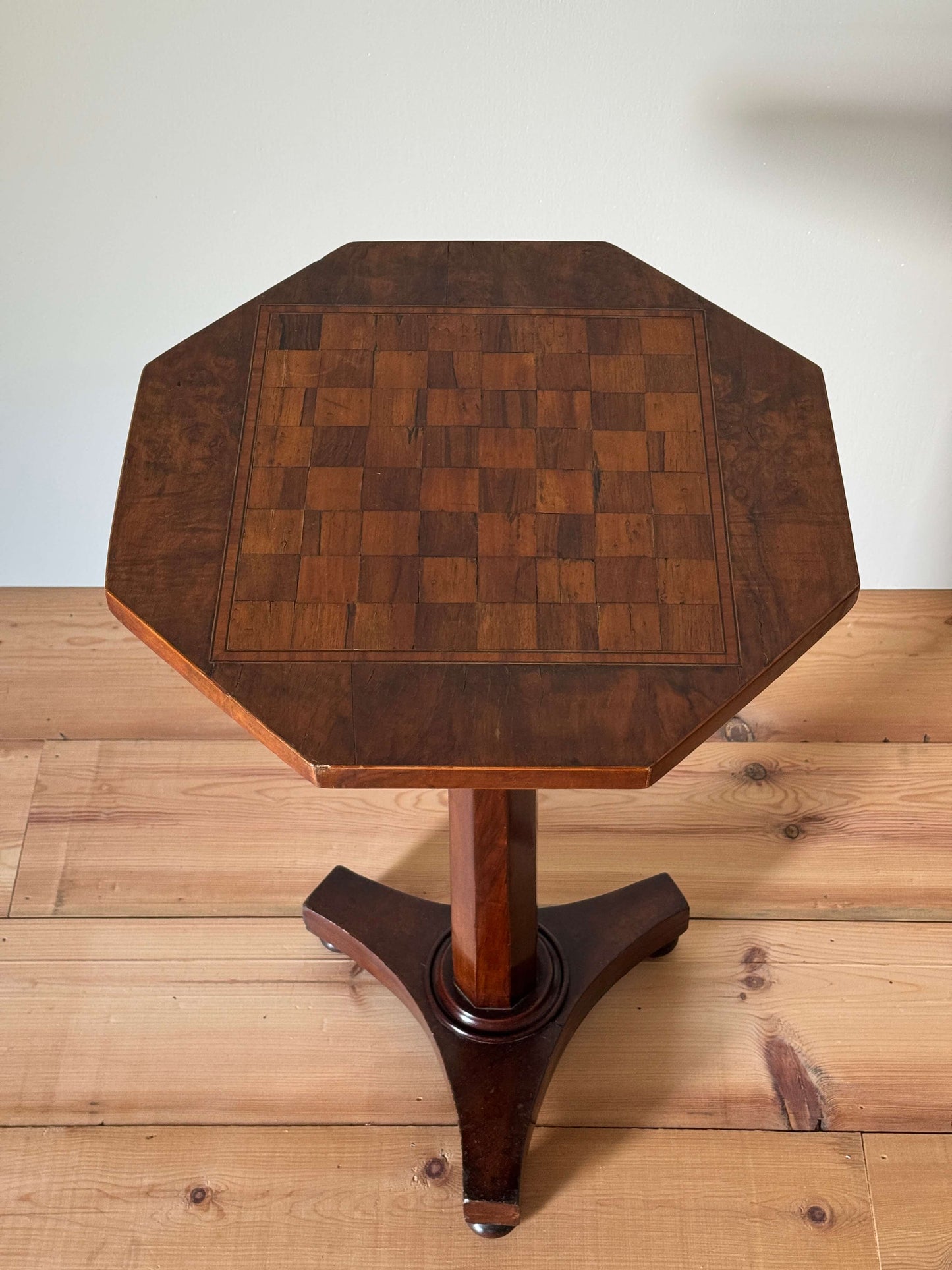 Victorian mahogany and burr walnut pedestal games table