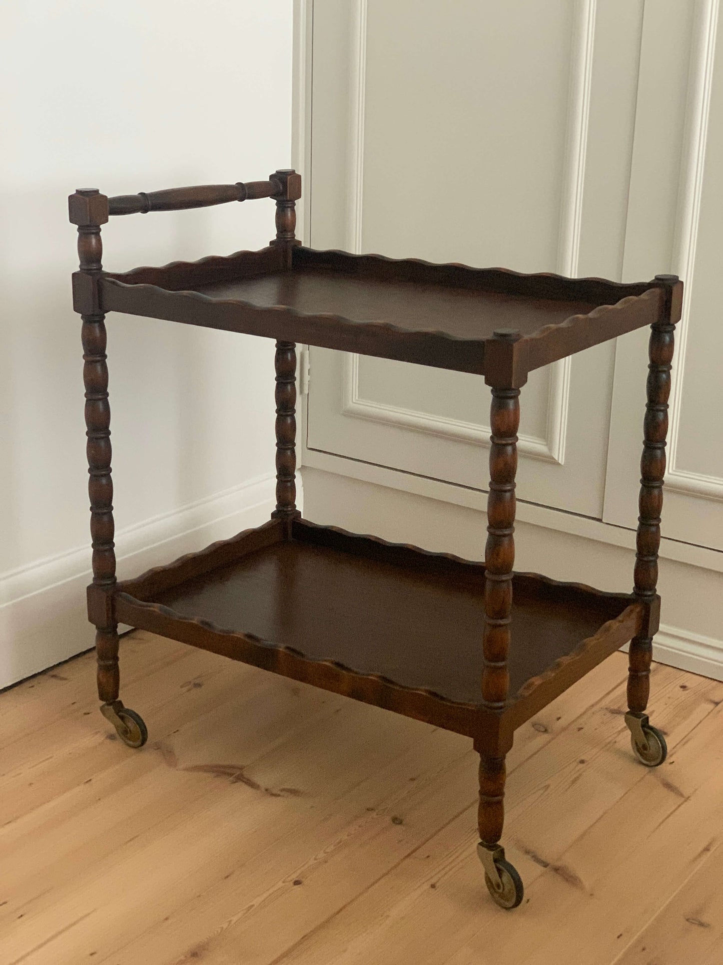 French vintage scalloped bar cart with bobbin detail