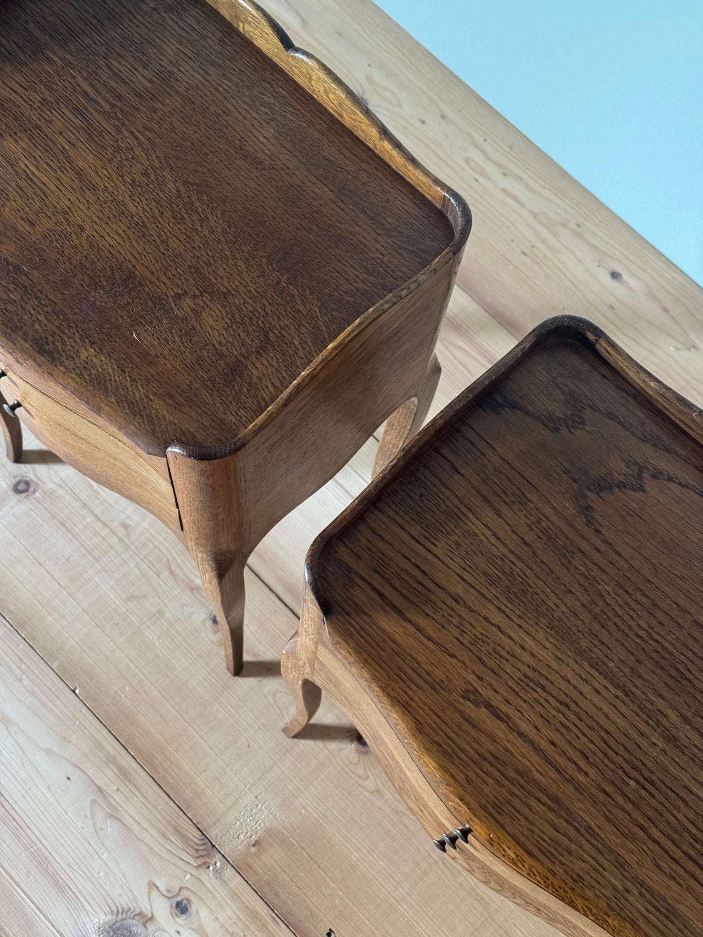 Pair of French bedside tables with three drawers