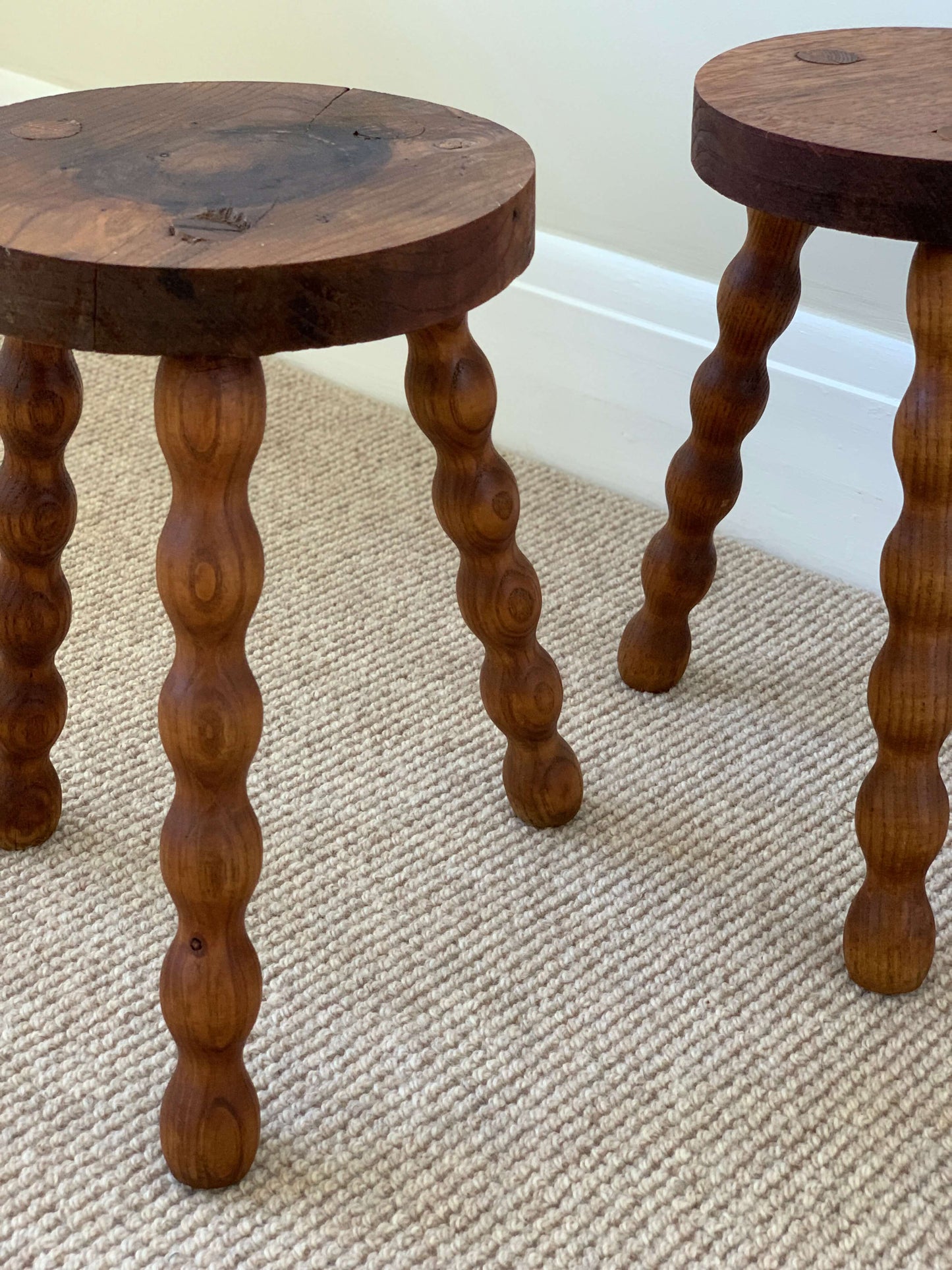Pair of light wood circular bobbin stools
