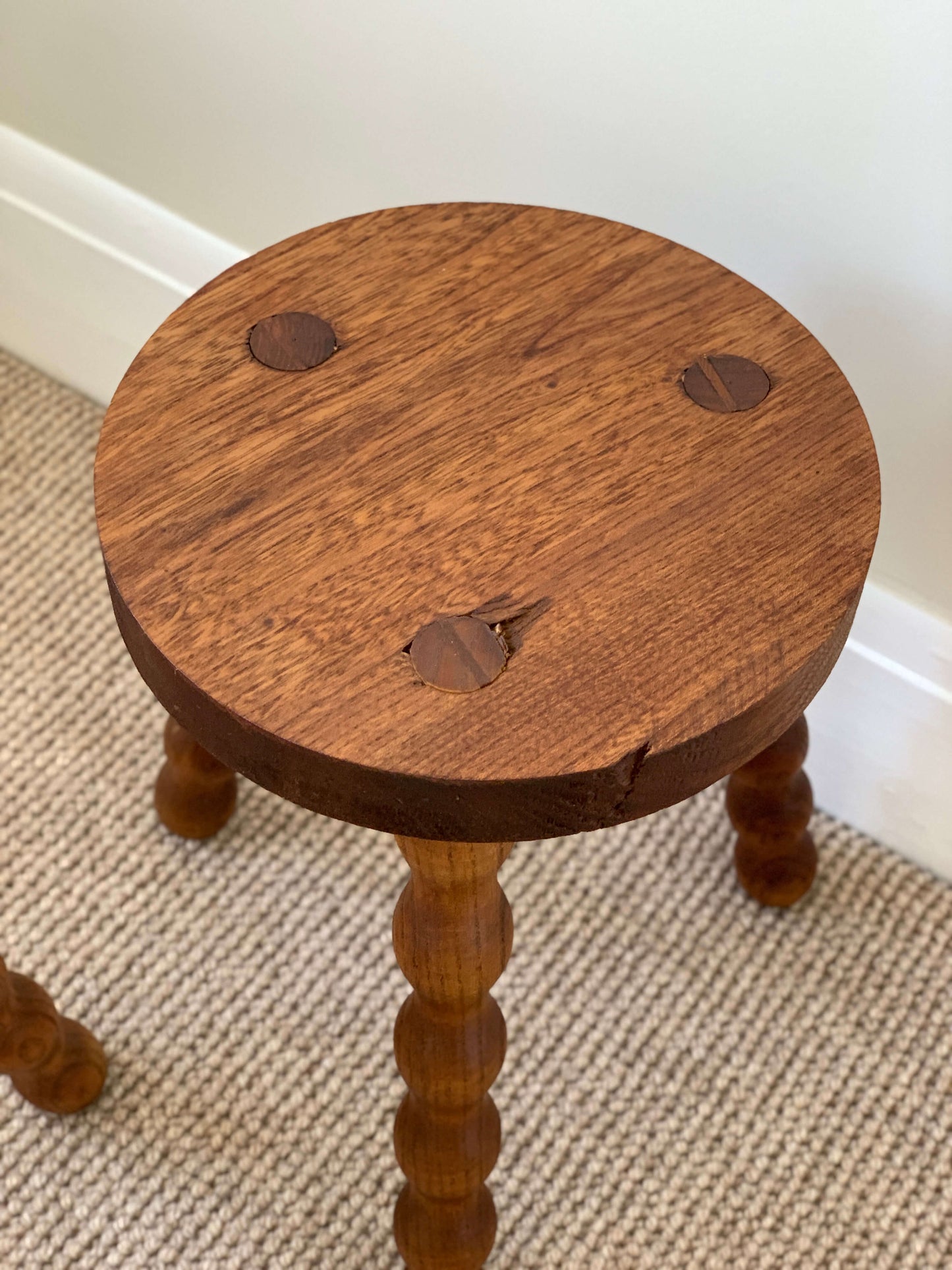 Pair of light wood circular bobbin stools