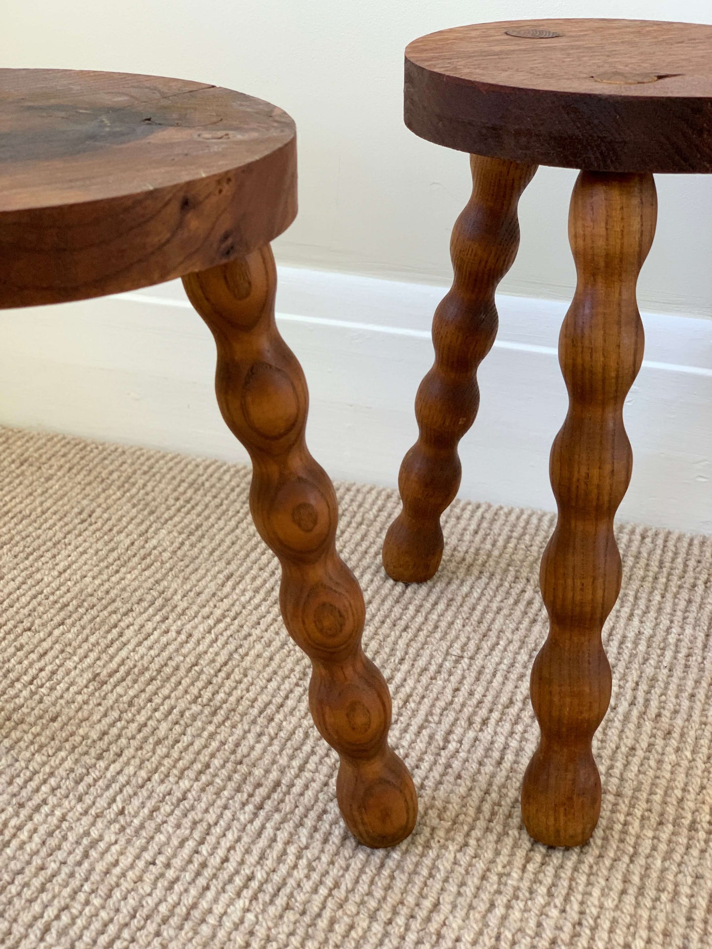 Pair of light wood circular bobbin stools