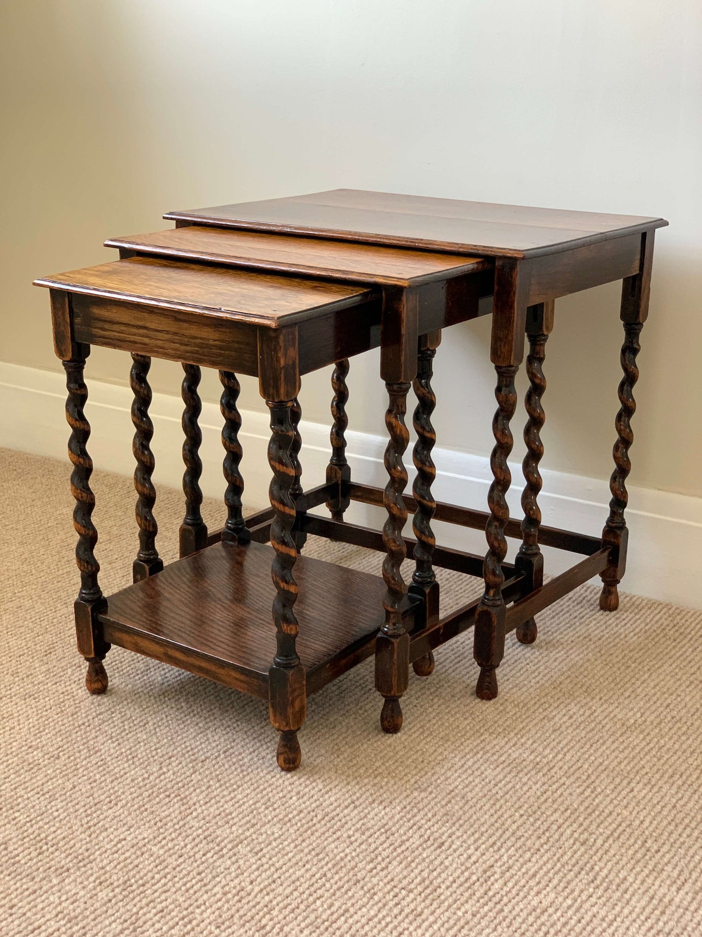 Antique nest of oak barley twist tables