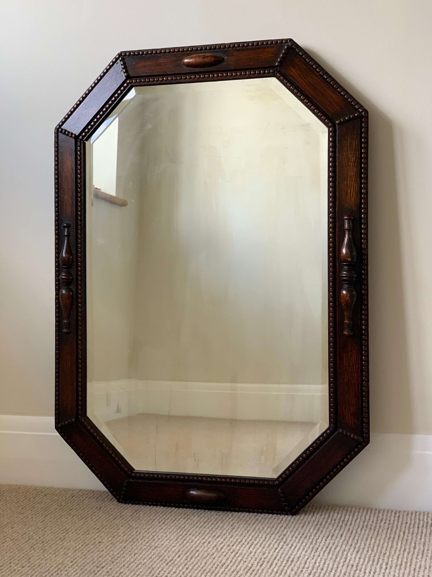 Edwardian antique octagonal bevelled mirror with beaded frame