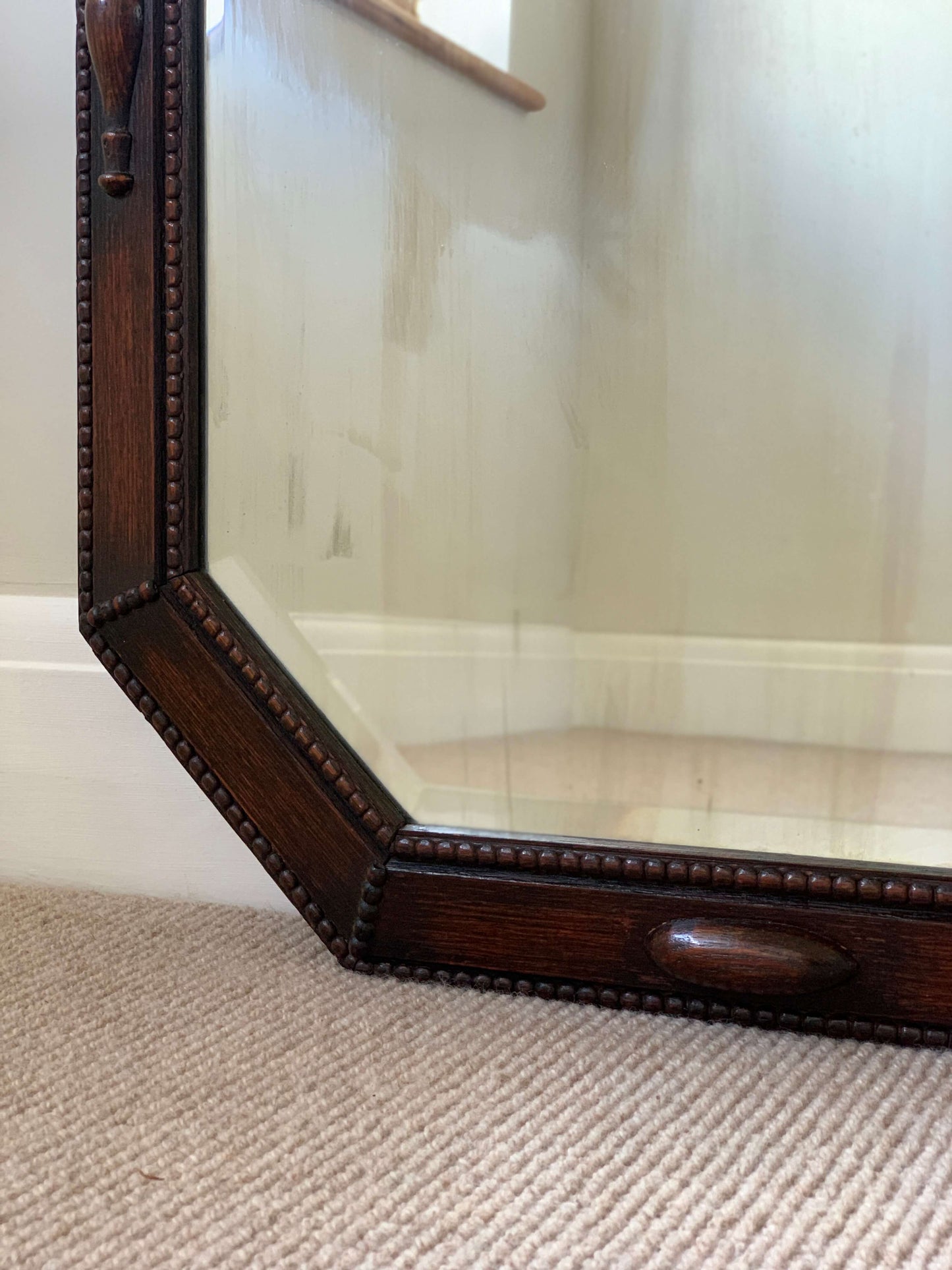 Edwardian antique octagonal bevelled mirror with beaded frame