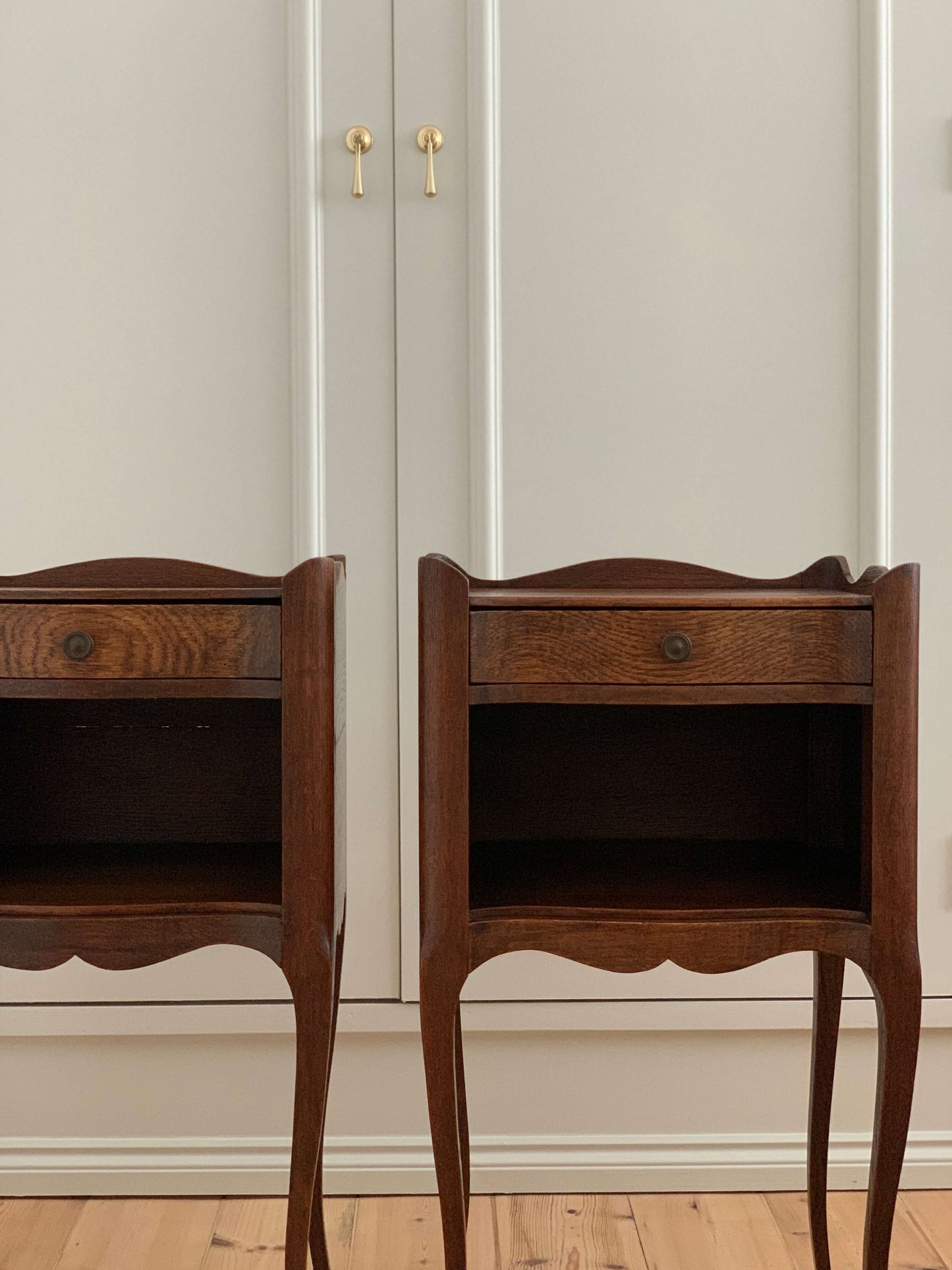 Pair of dark oak French vintage bedside tables
