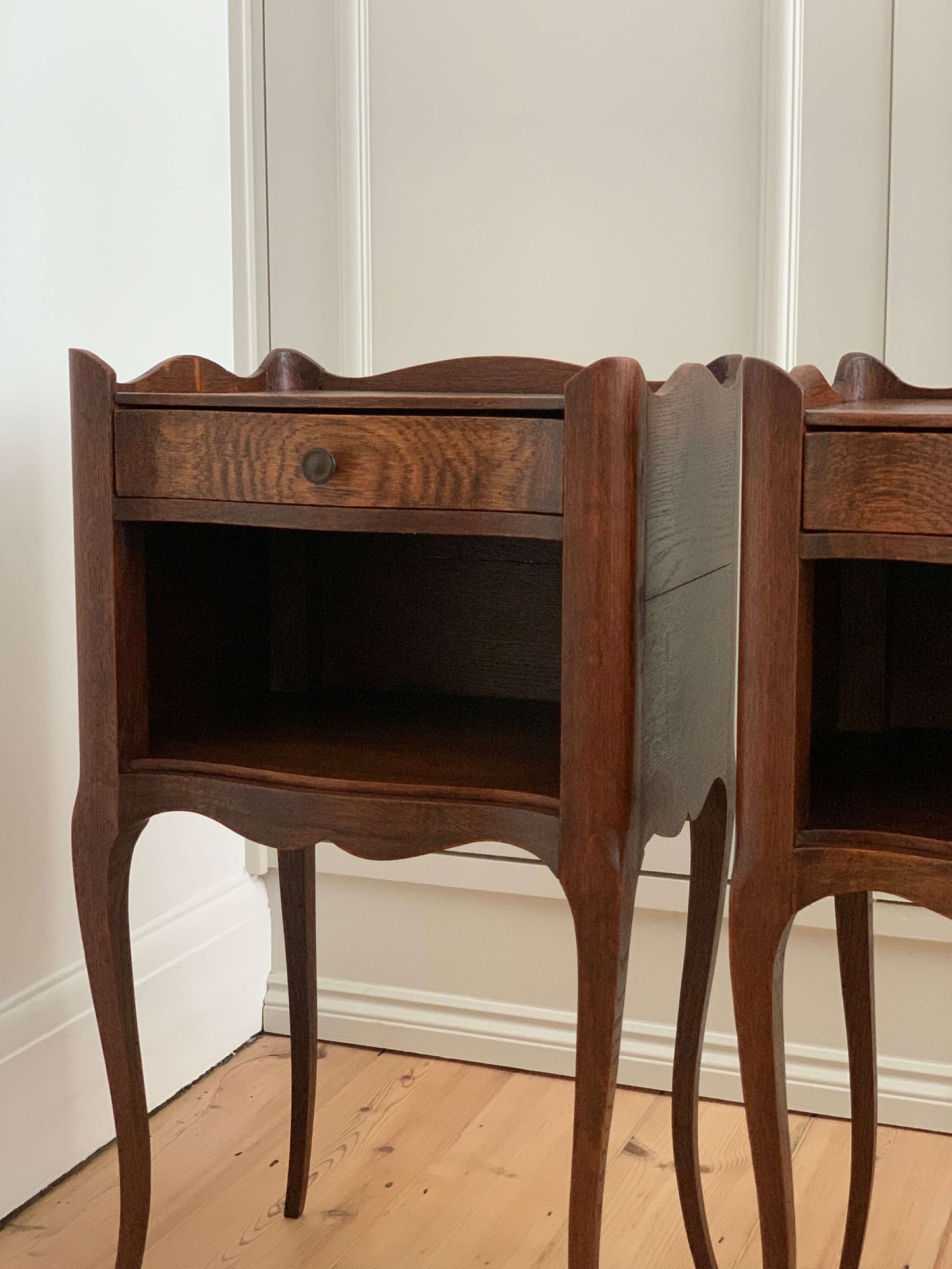 Pair of dark oak French vintage bedside tables