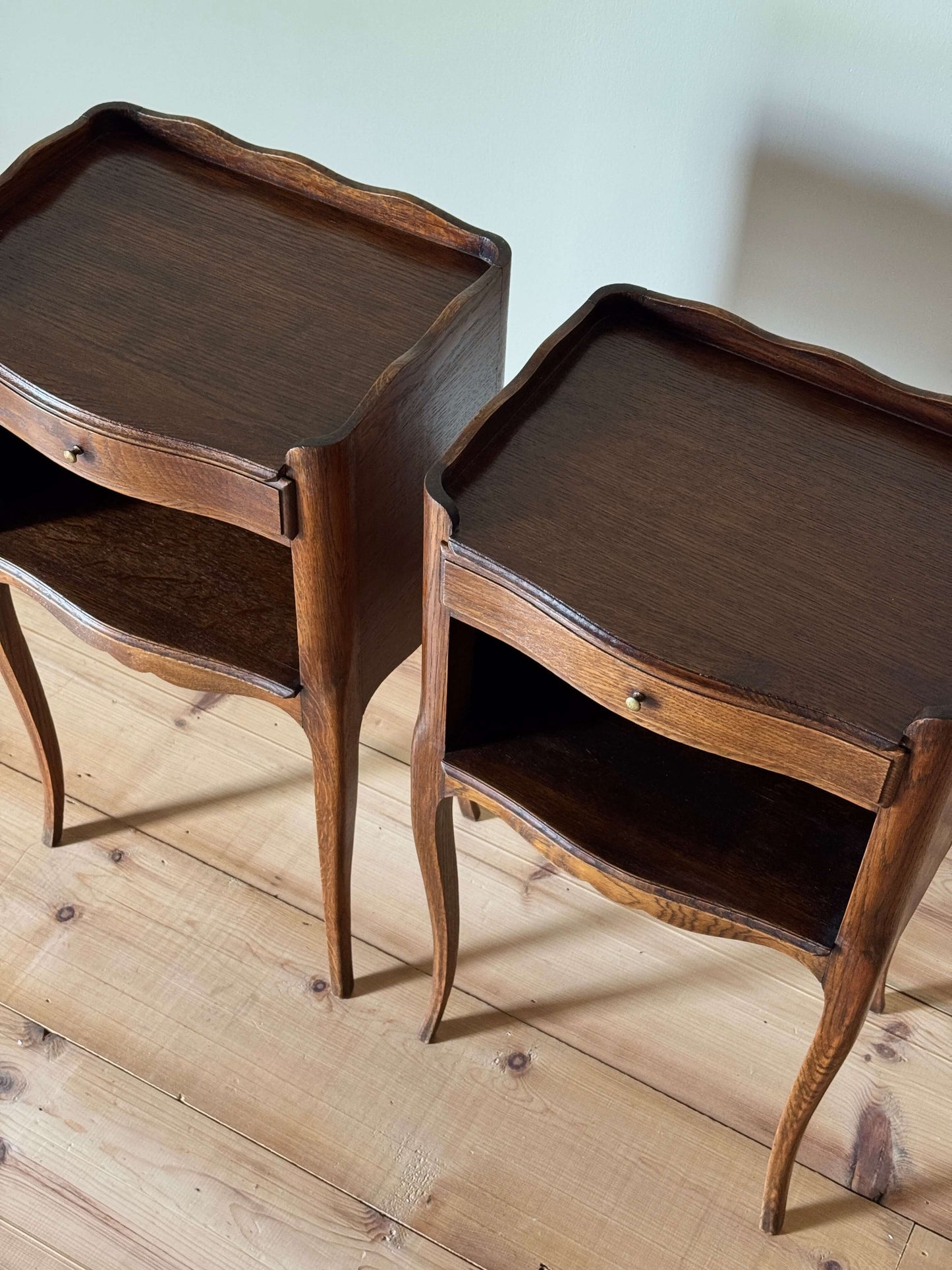 Pair of French mid-century bedside tables with single drawer