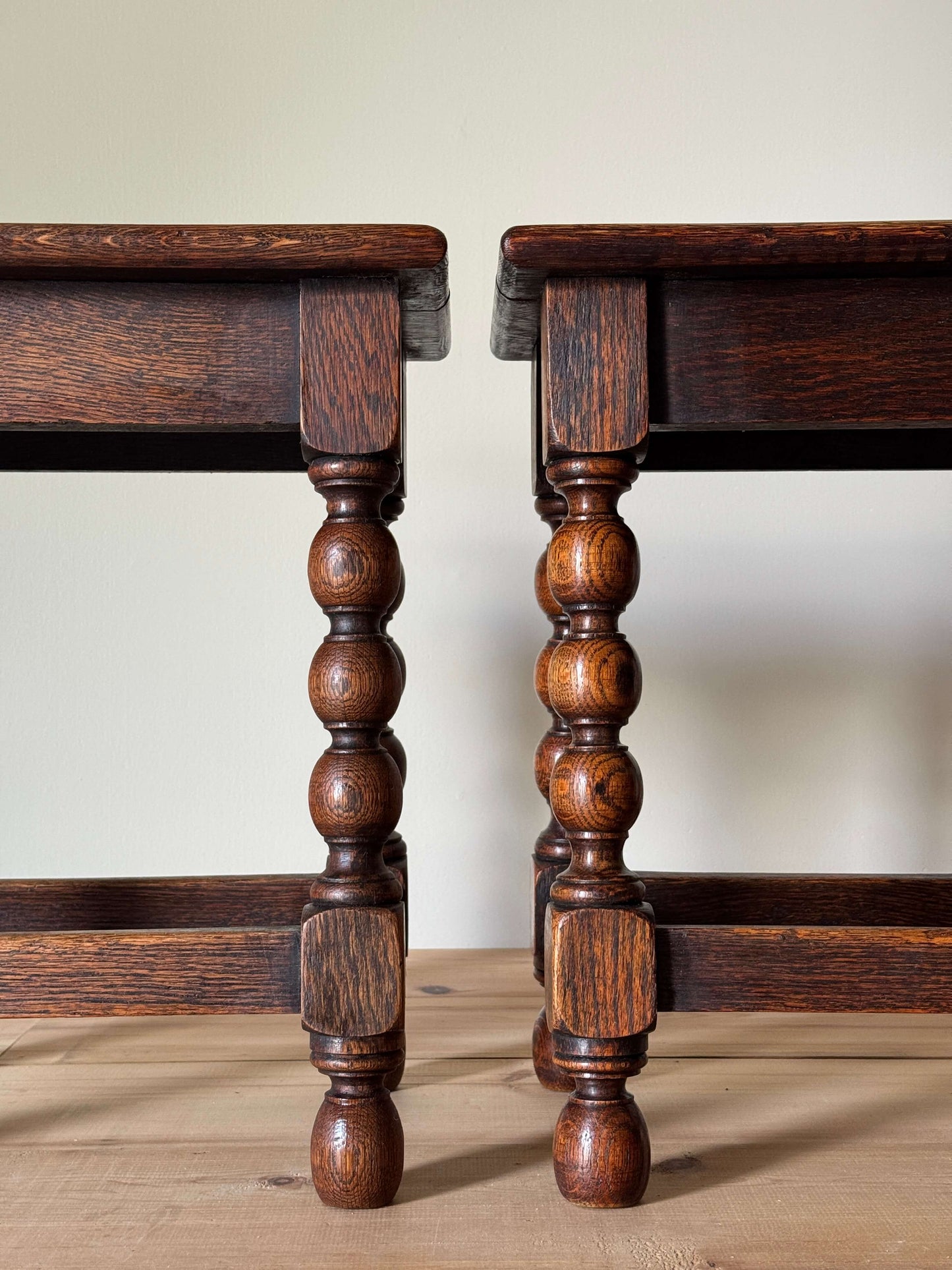 Pair of Victorian oak bobbin stools