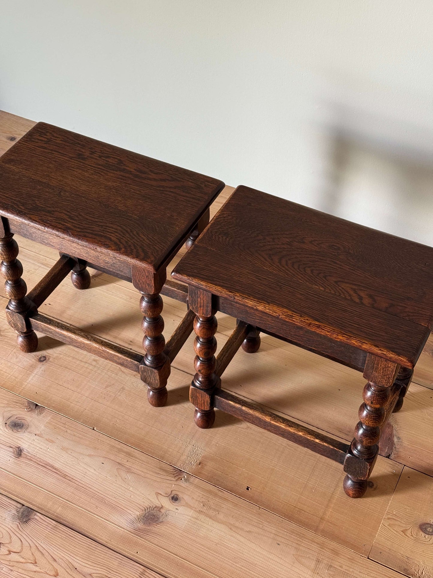 Pair of Victorian oak bobbin stools