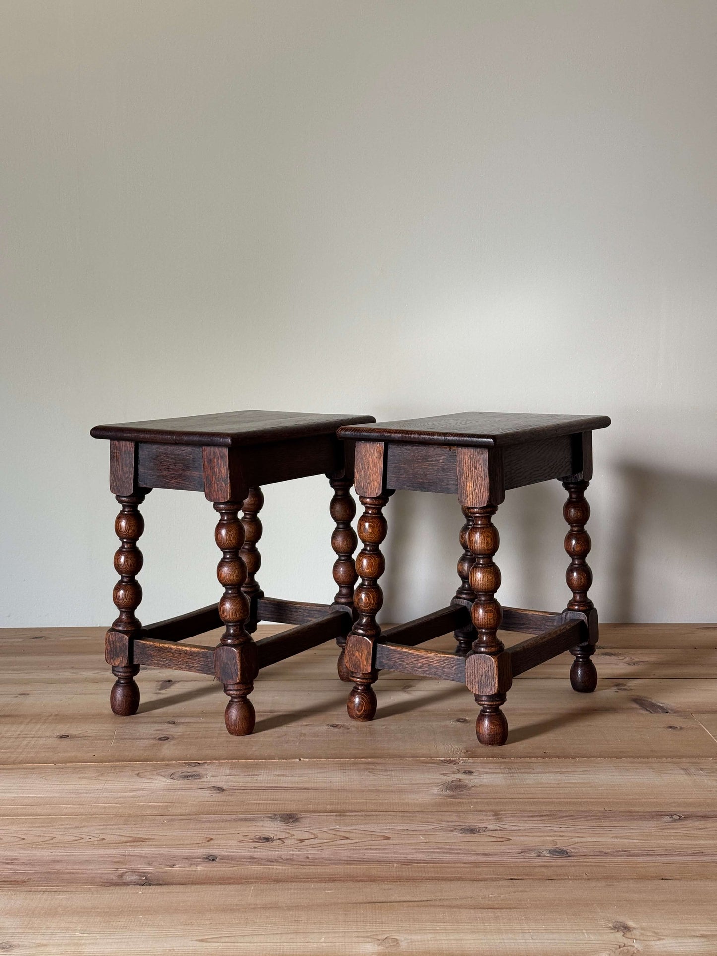 Pair of Victorian oak bobbin stools