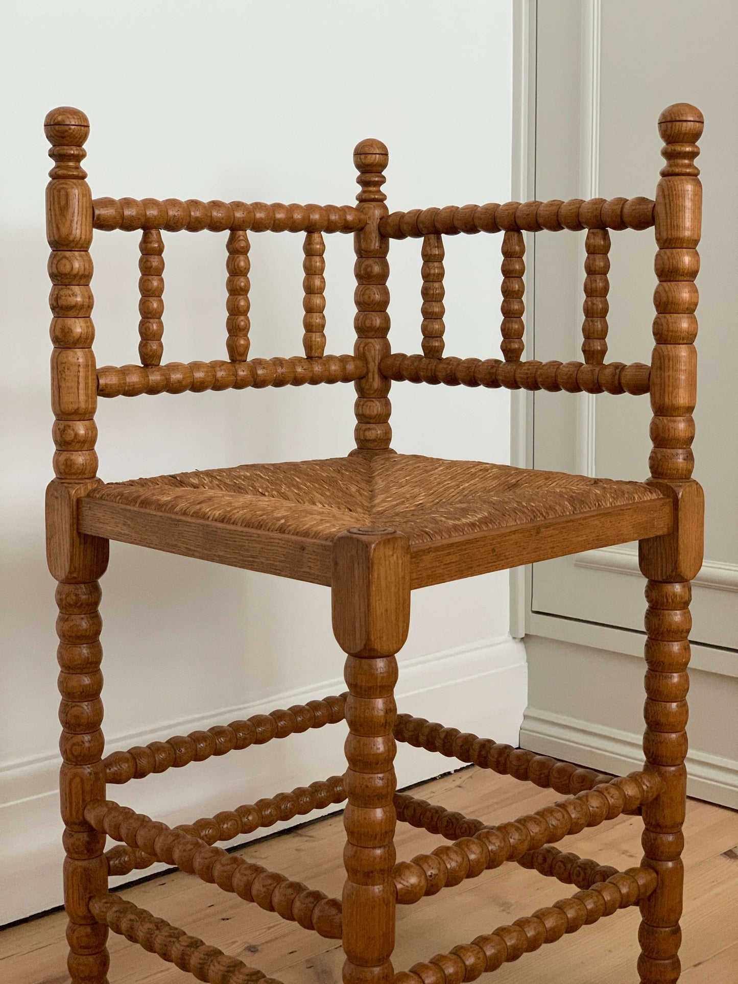 French vintage blonde bobbin corner chair