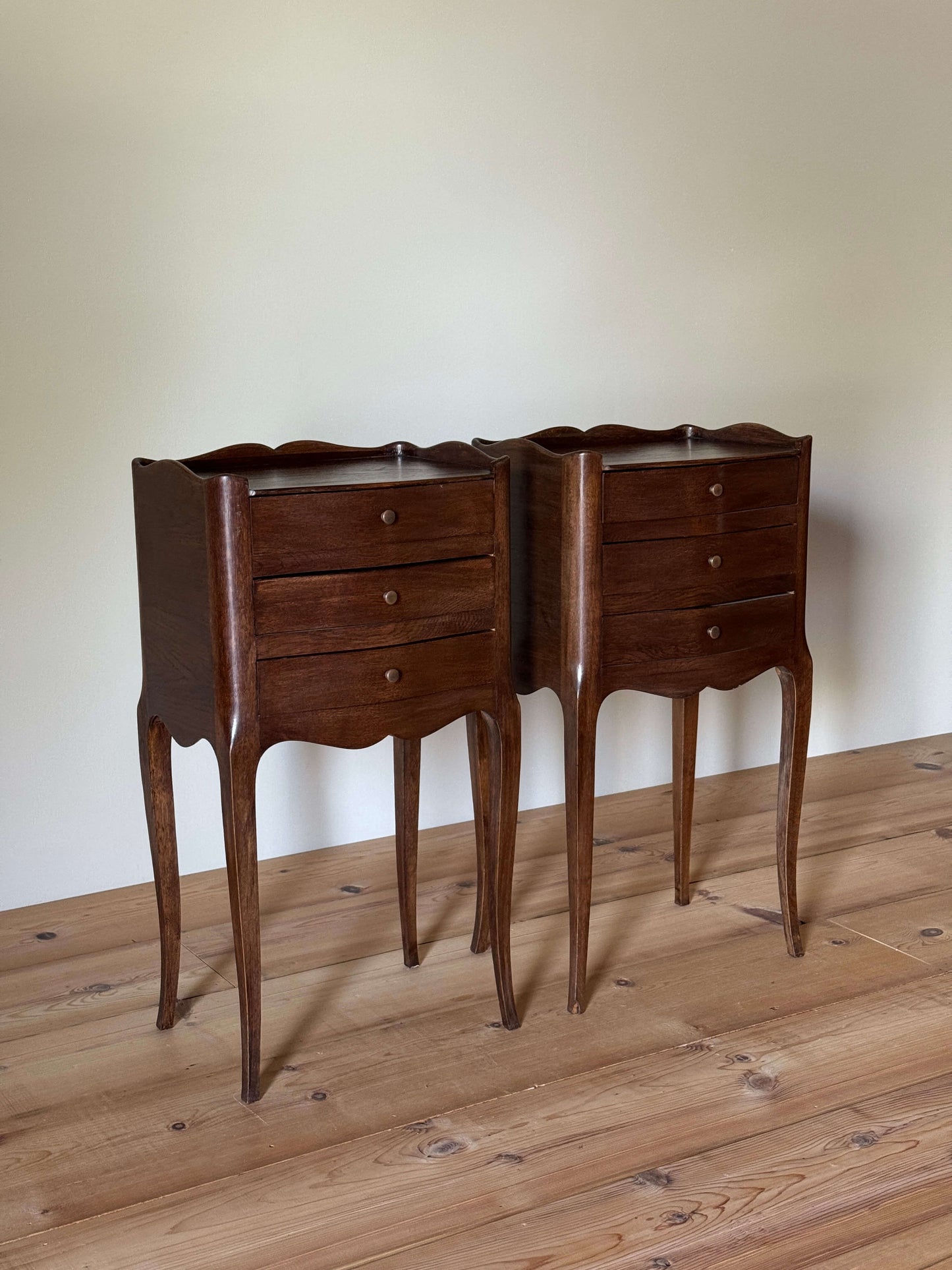 Pair of French vintage bedside tables with three drawers