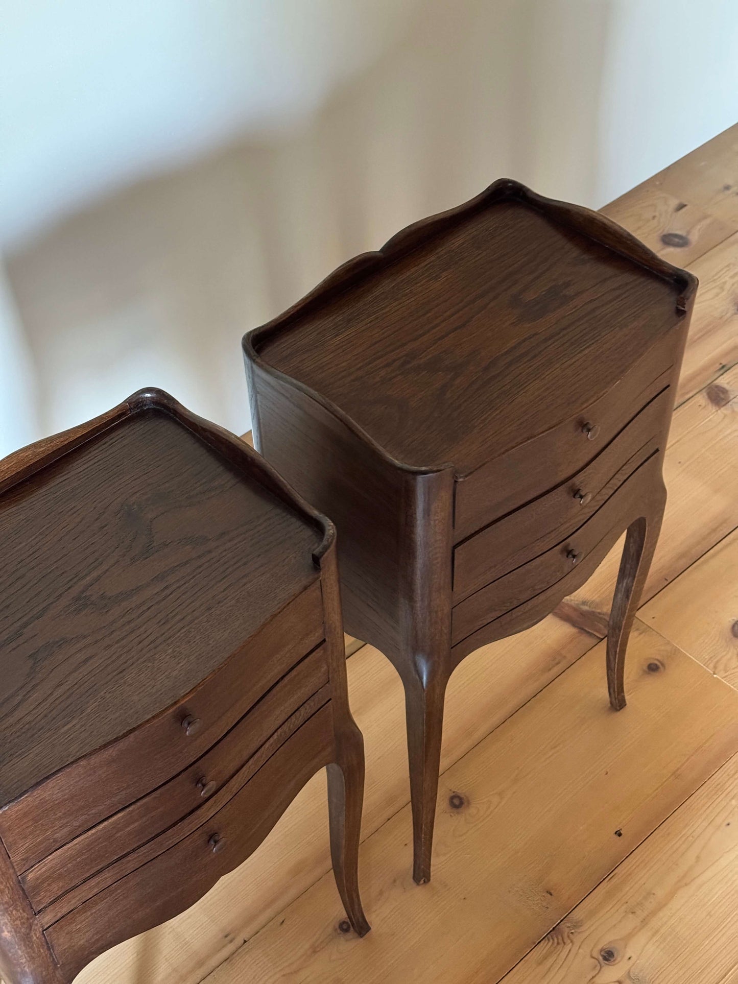 Pair of French vintage bedside tables with three drawers