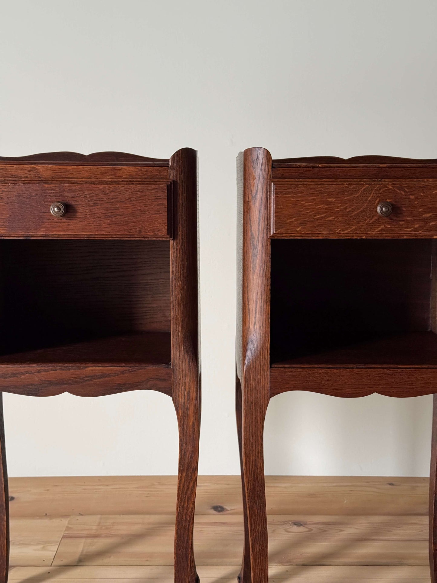Pair of French bedside tables with single drawer