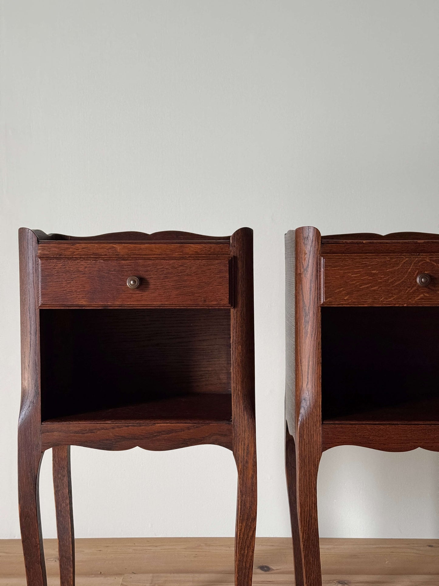 Pair of French bedside tables with single drawer