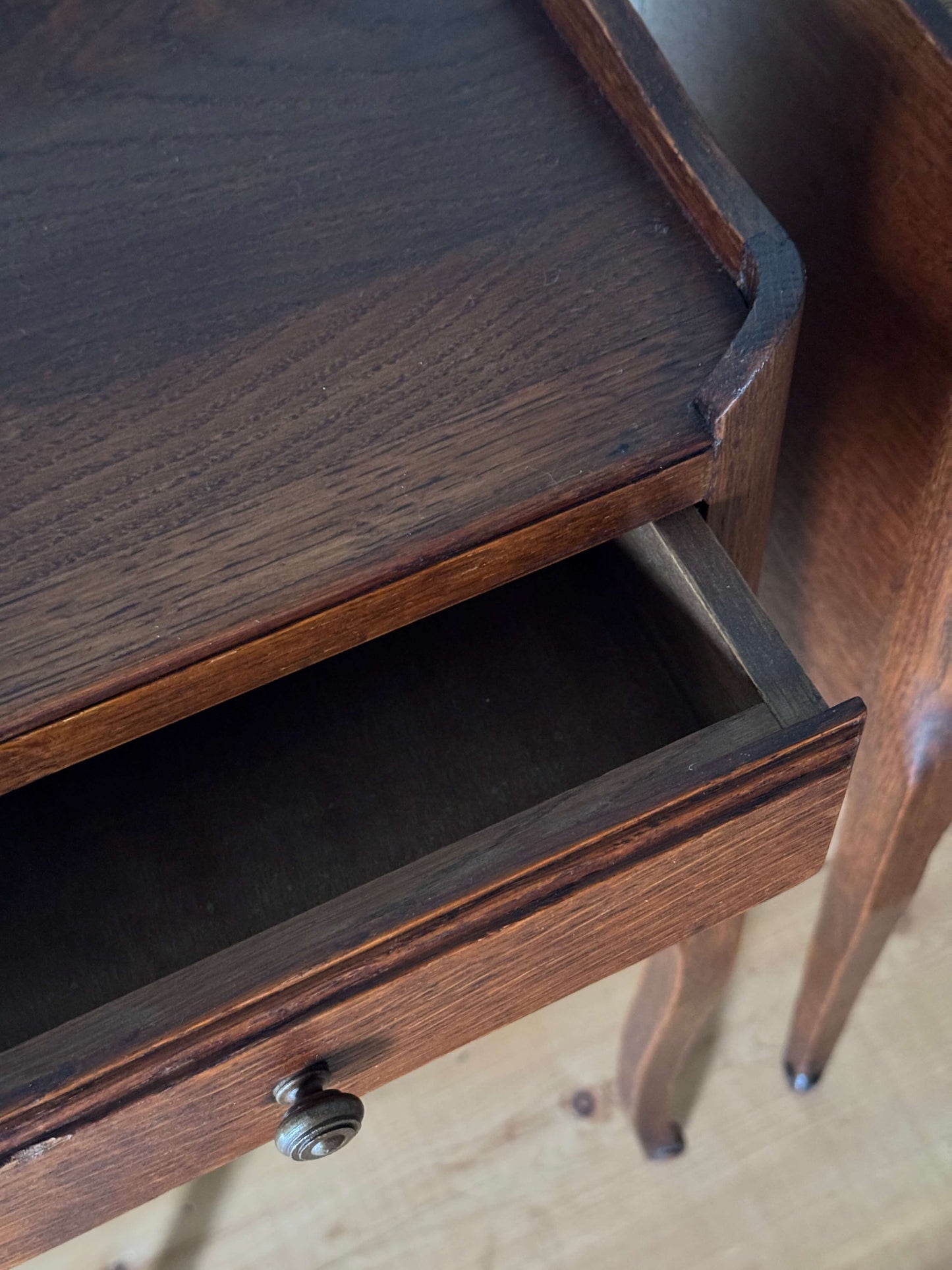 Pair of French bedside tables with single drawer
