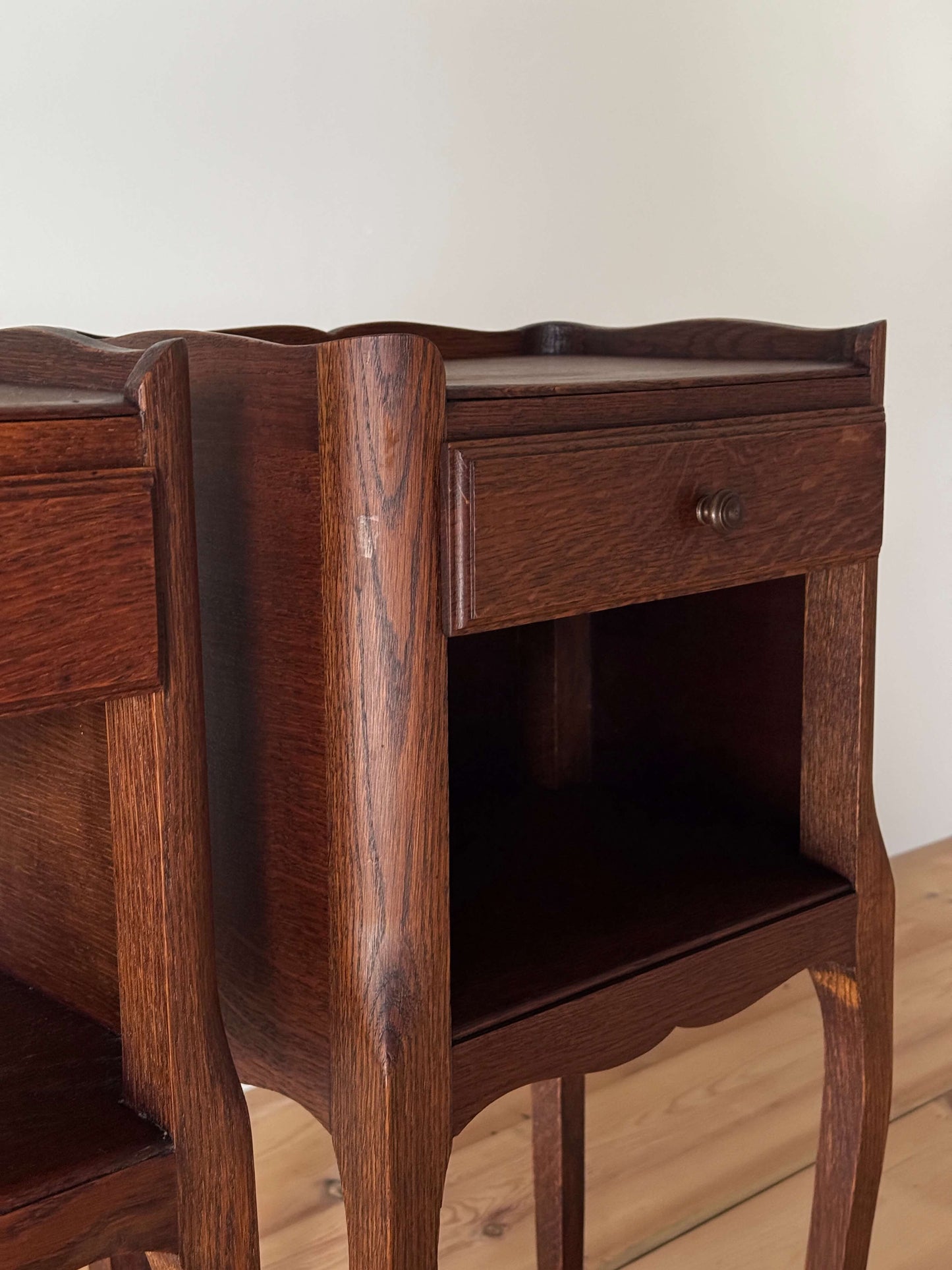 Pair of French bedside tables with single drawer