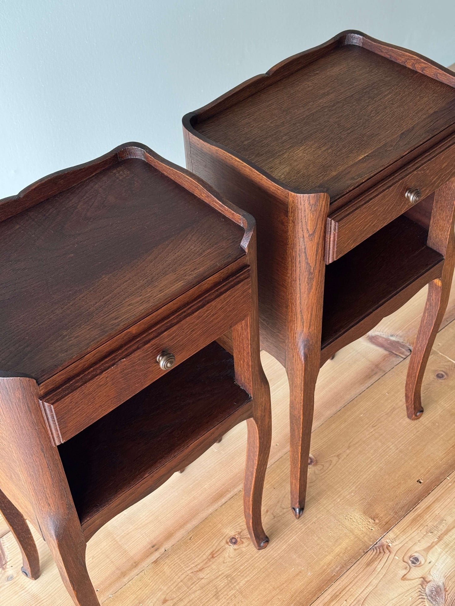 Pair of French bedside tables with single drawer