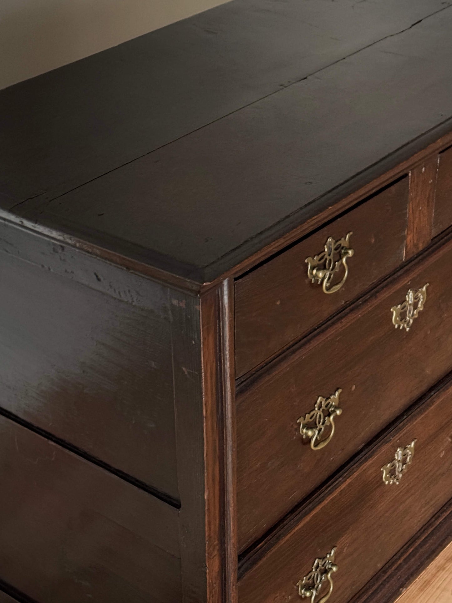 William and Mary oak chest of drawers on bun feet