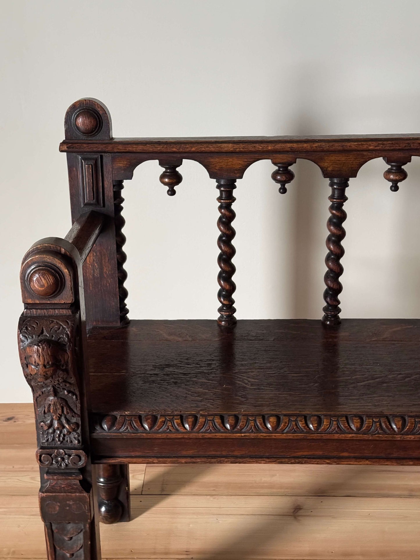 Antique Victorian barley twist oak carved bench