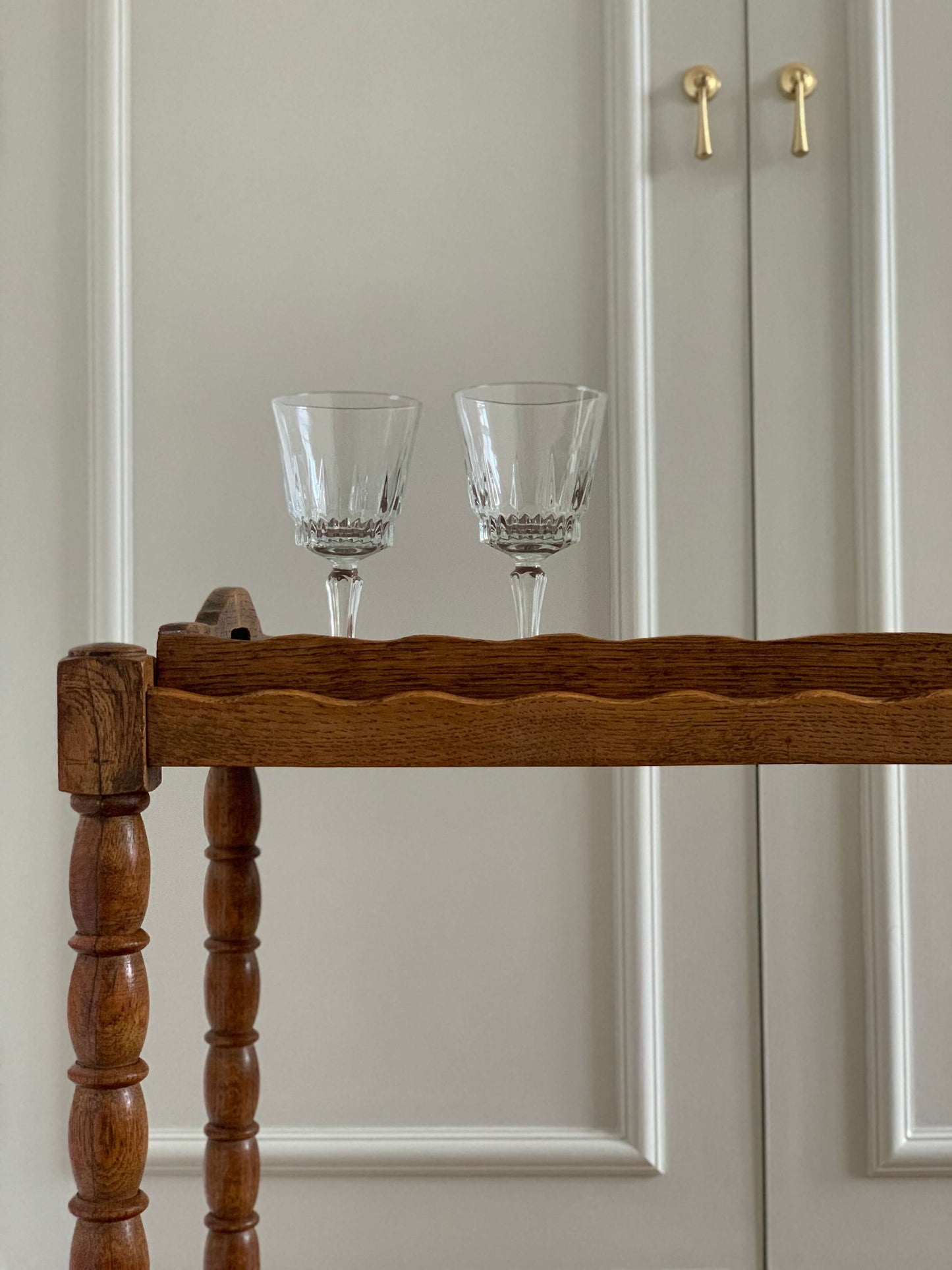 French vintage bobbin bar cart with scalloped tray