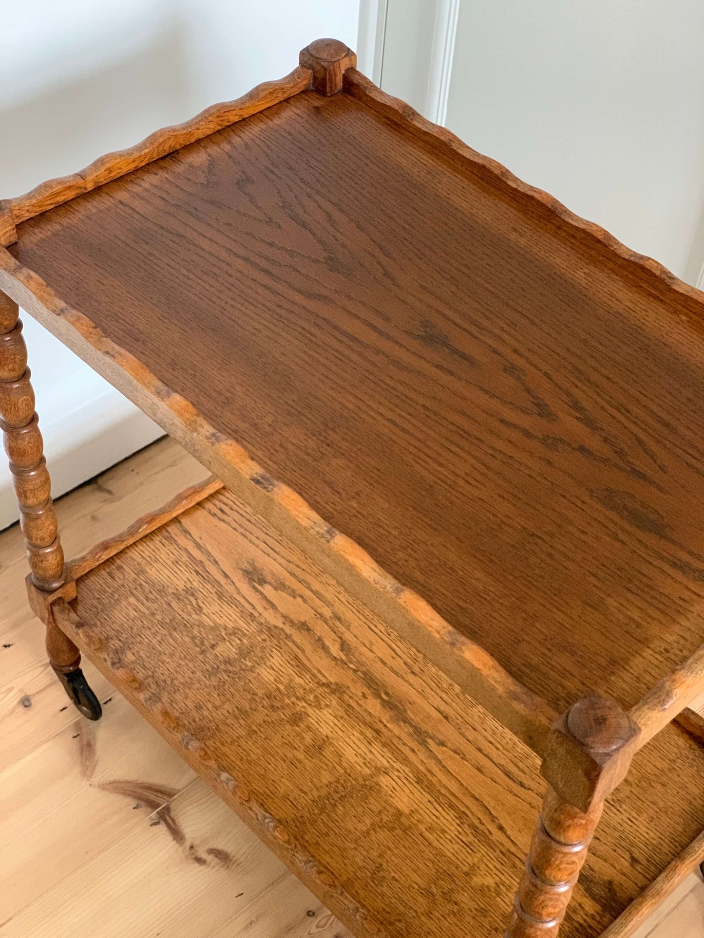 French vintage bobbin bar cart with scalloped tray