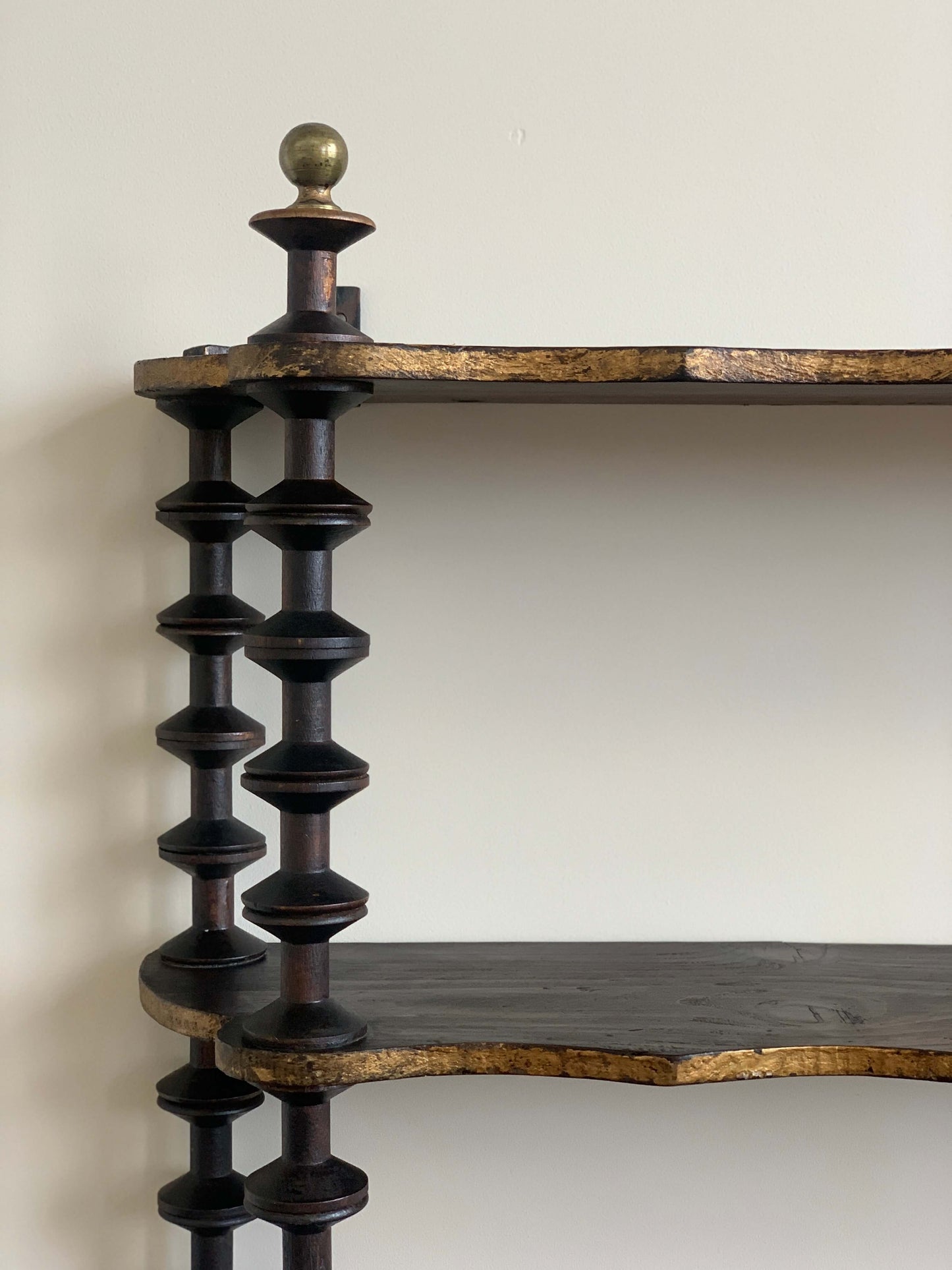 French antique folk art spindle shelf with brass finals