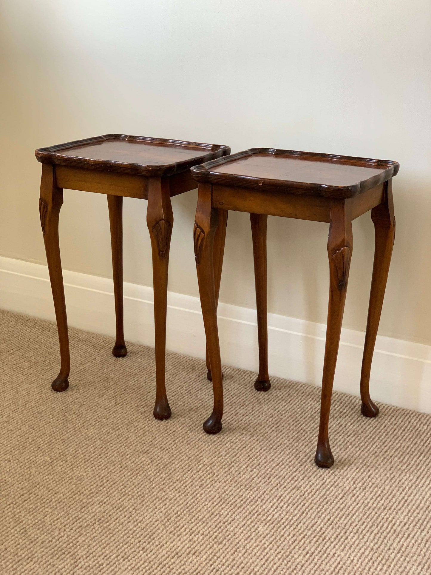 Pair of antique walnut-veneer side tables