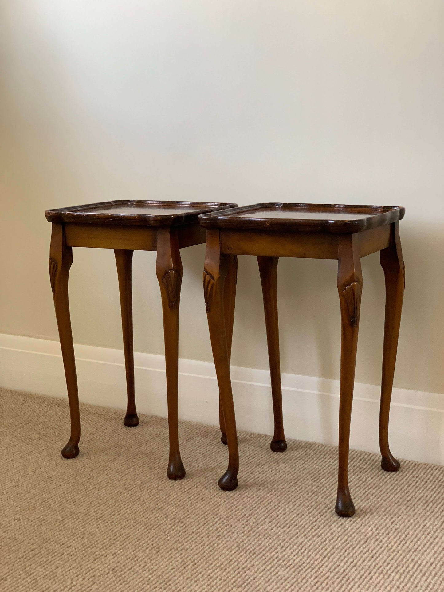 Pair of antique walnut-veneer side tables