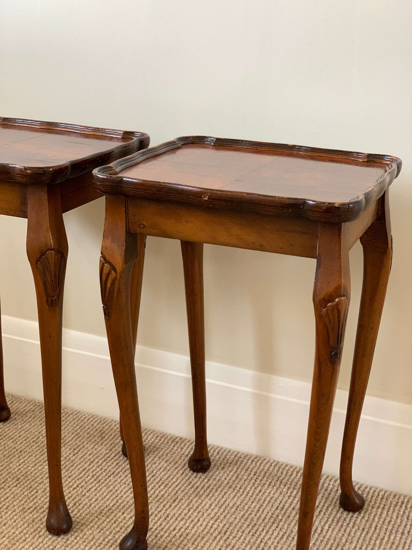 Pair of antique walnut-veneer side tables