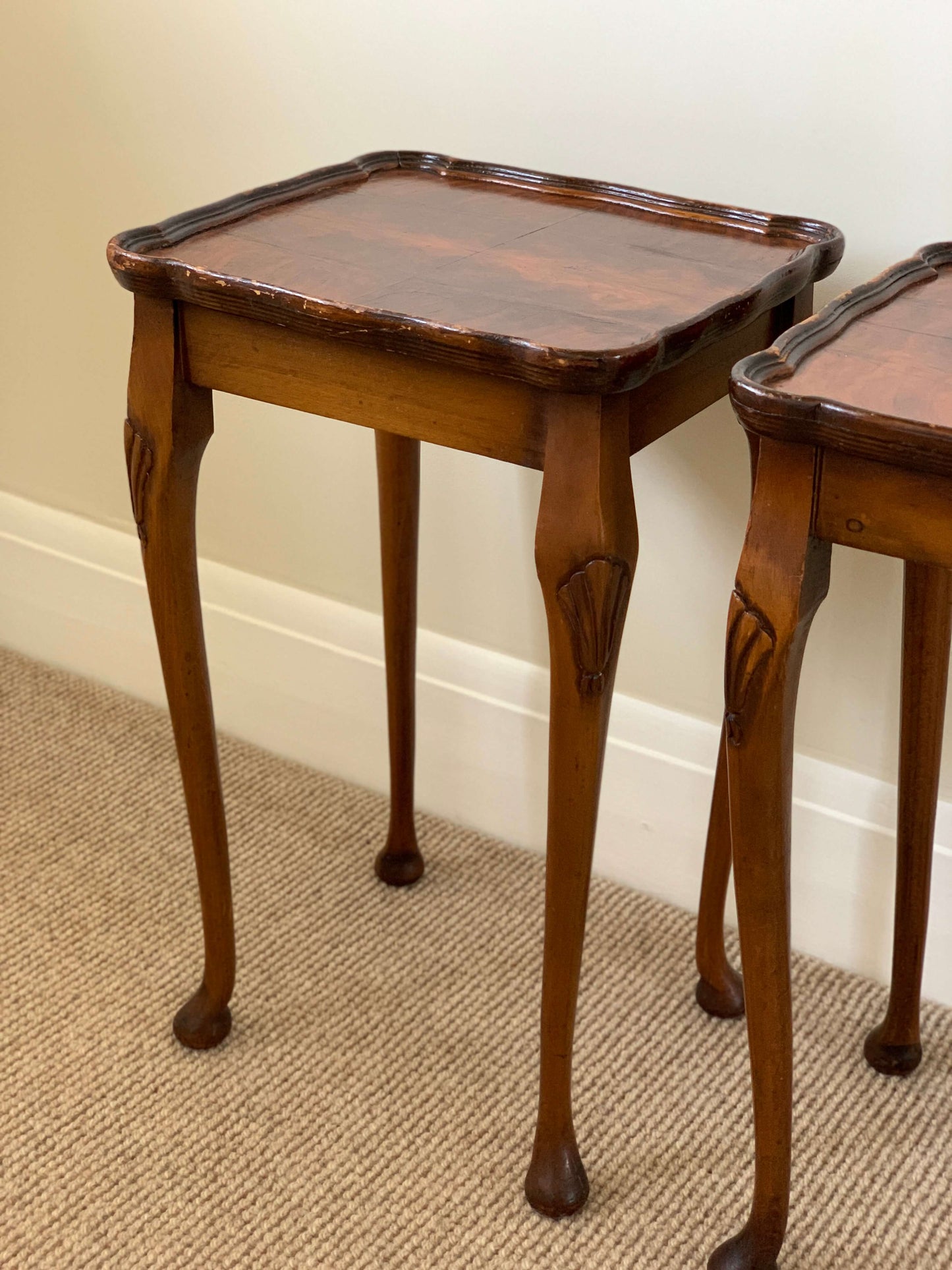 Pair of antique walnut-veneer side tables