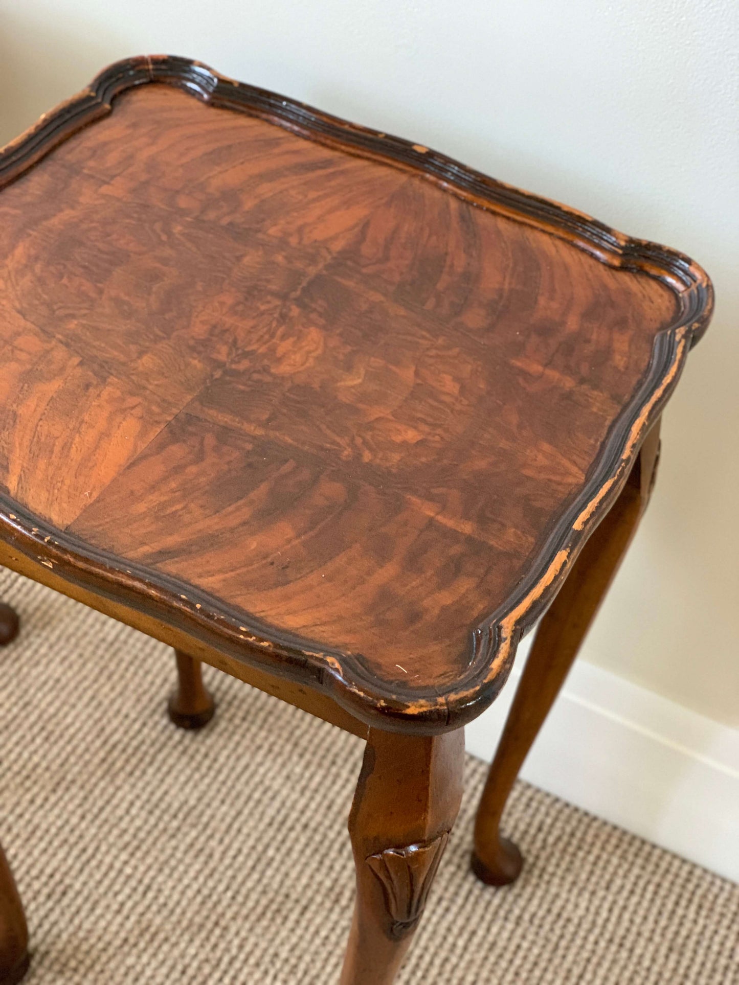 Pair of antique walnut-veneer side tables