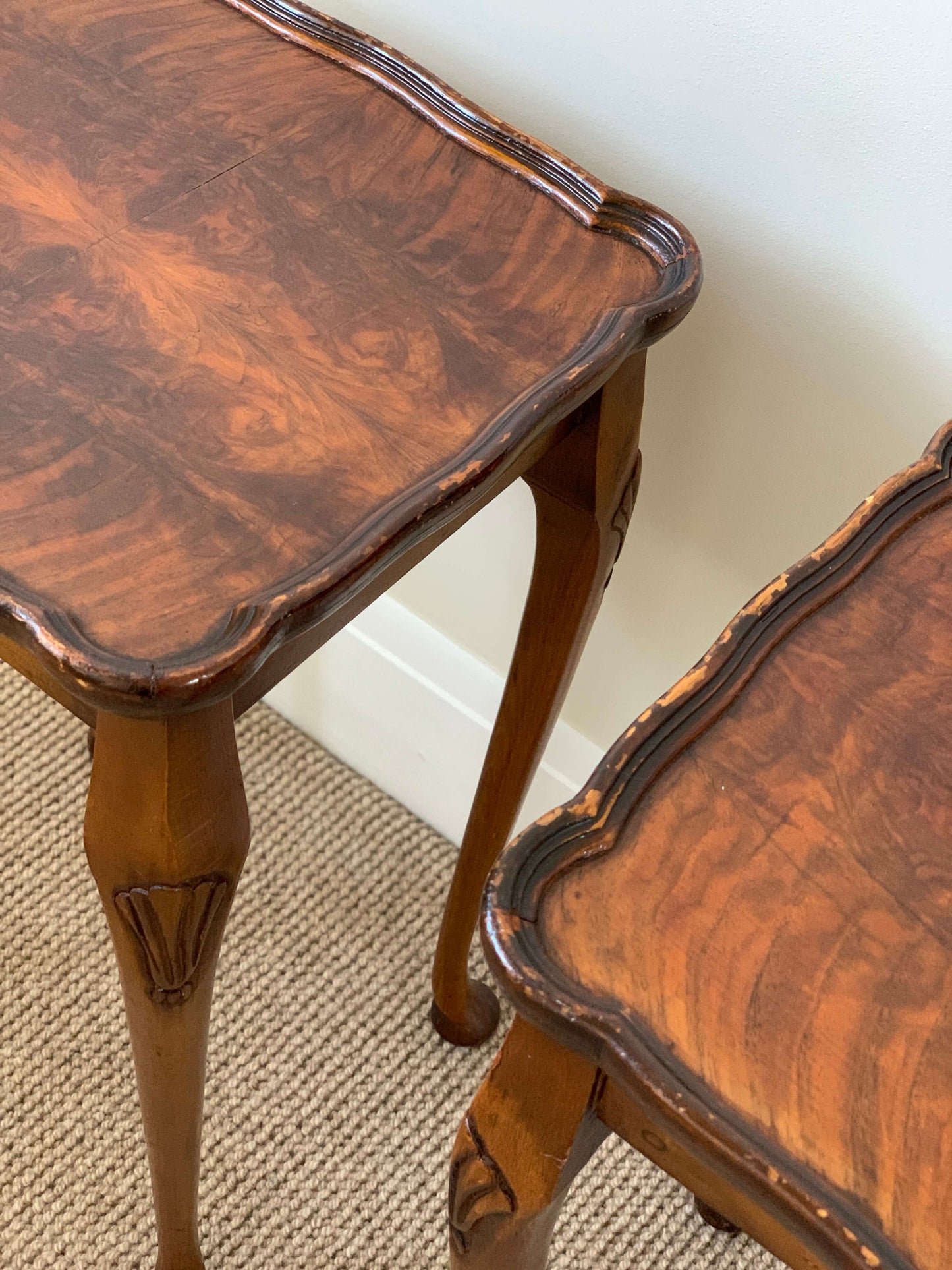 Pair of antique walnut-veneer side tables