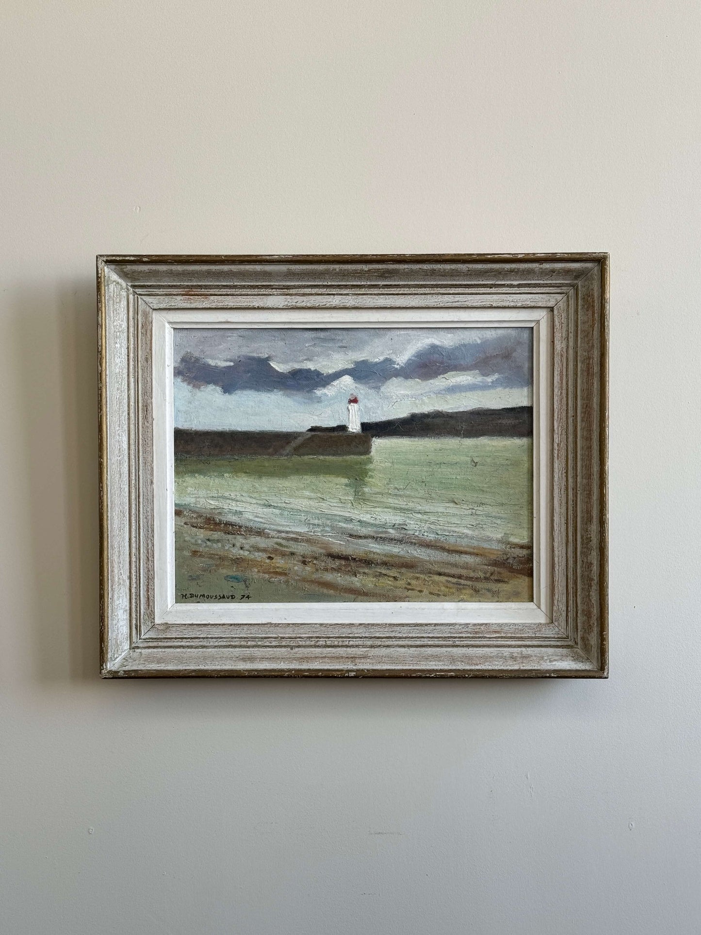 French vintage framed harbour oil painting