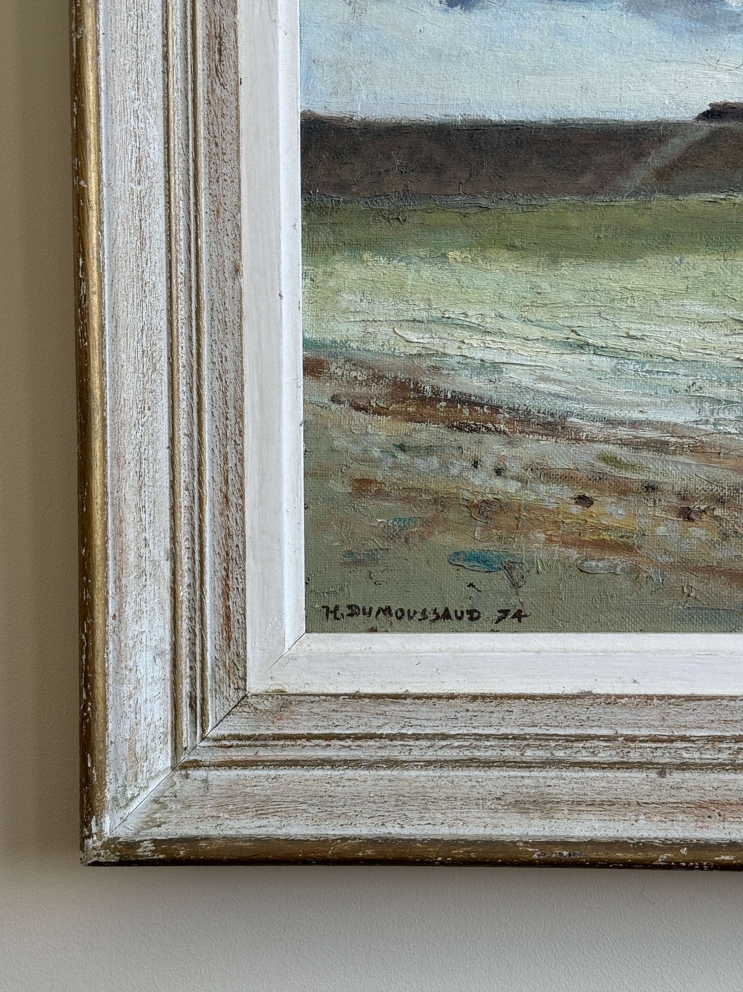 French vintage framed harbour oil painting