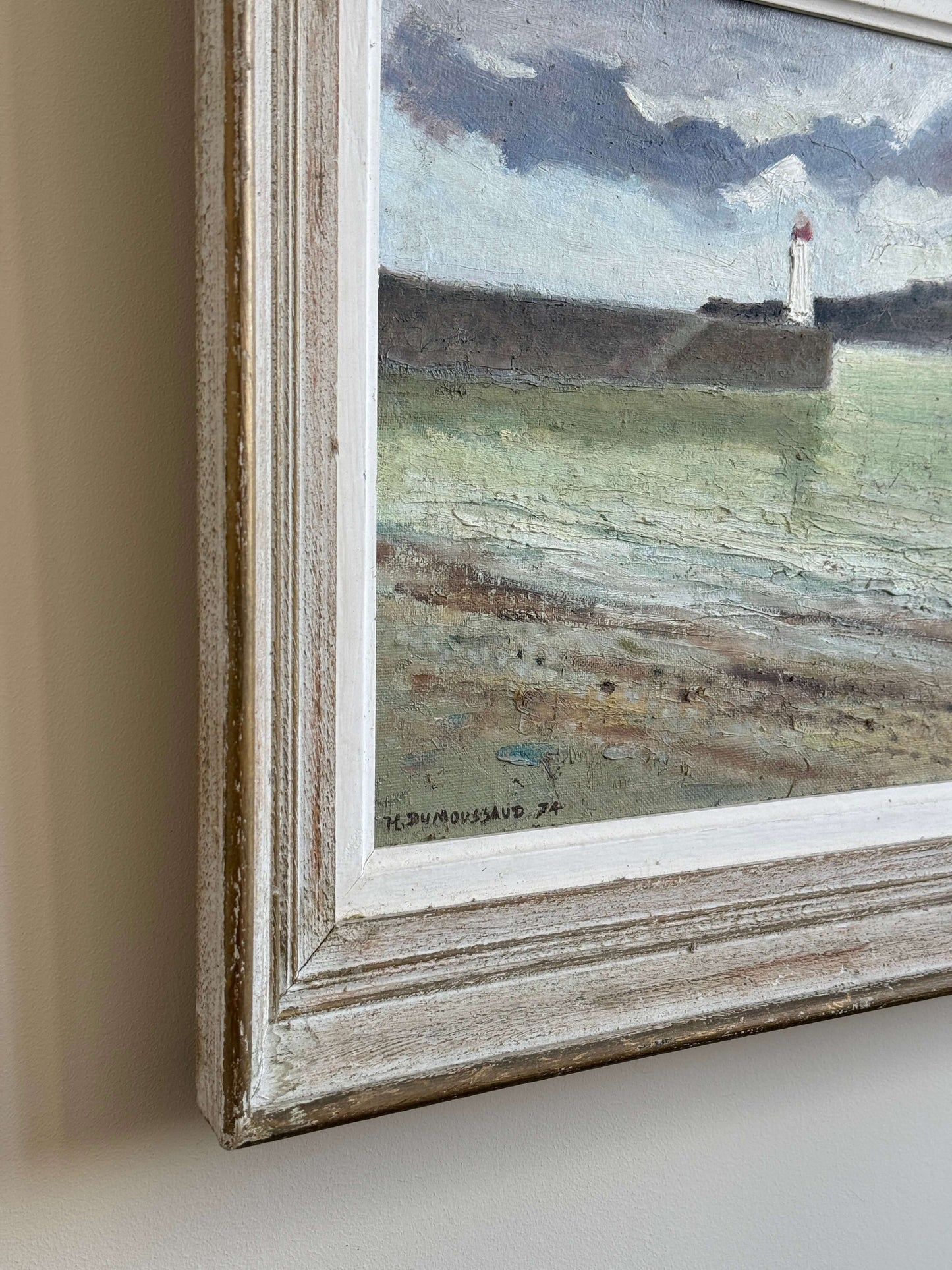 French vintage framed harbour oil painting