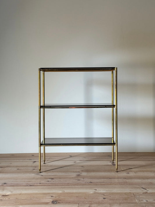 Mid-century brass and smoked glass shelving unit