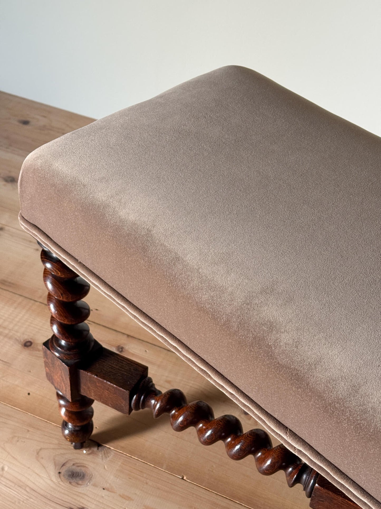 Antique oak upholstered barley twist stool