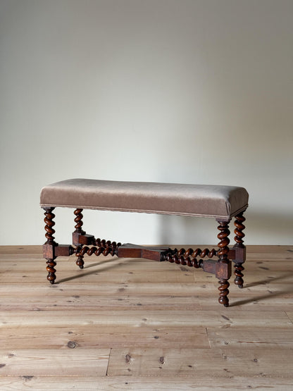 Antique oak upholstered barley twist stool