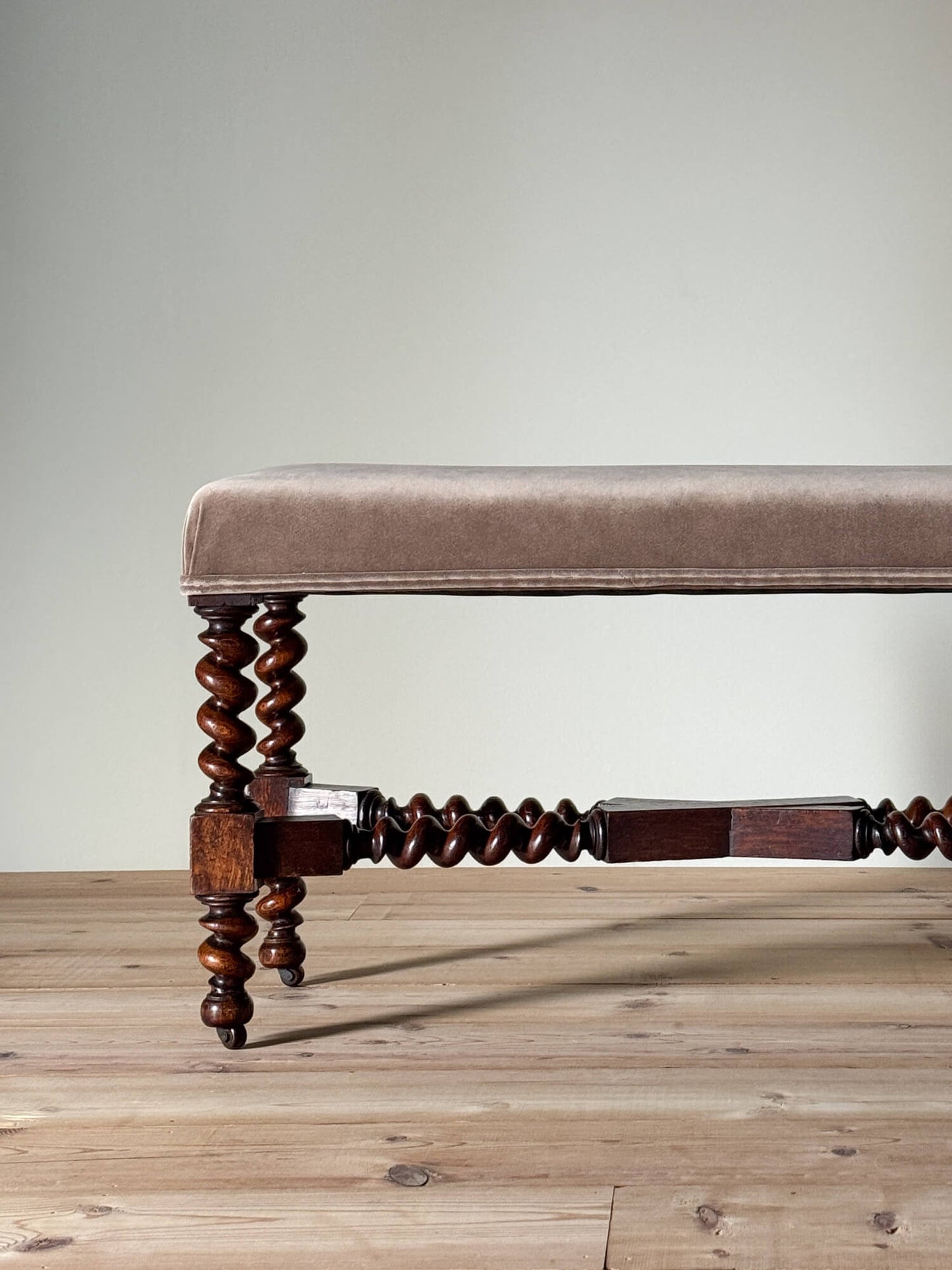 Antique oak upholstered barley twist stool