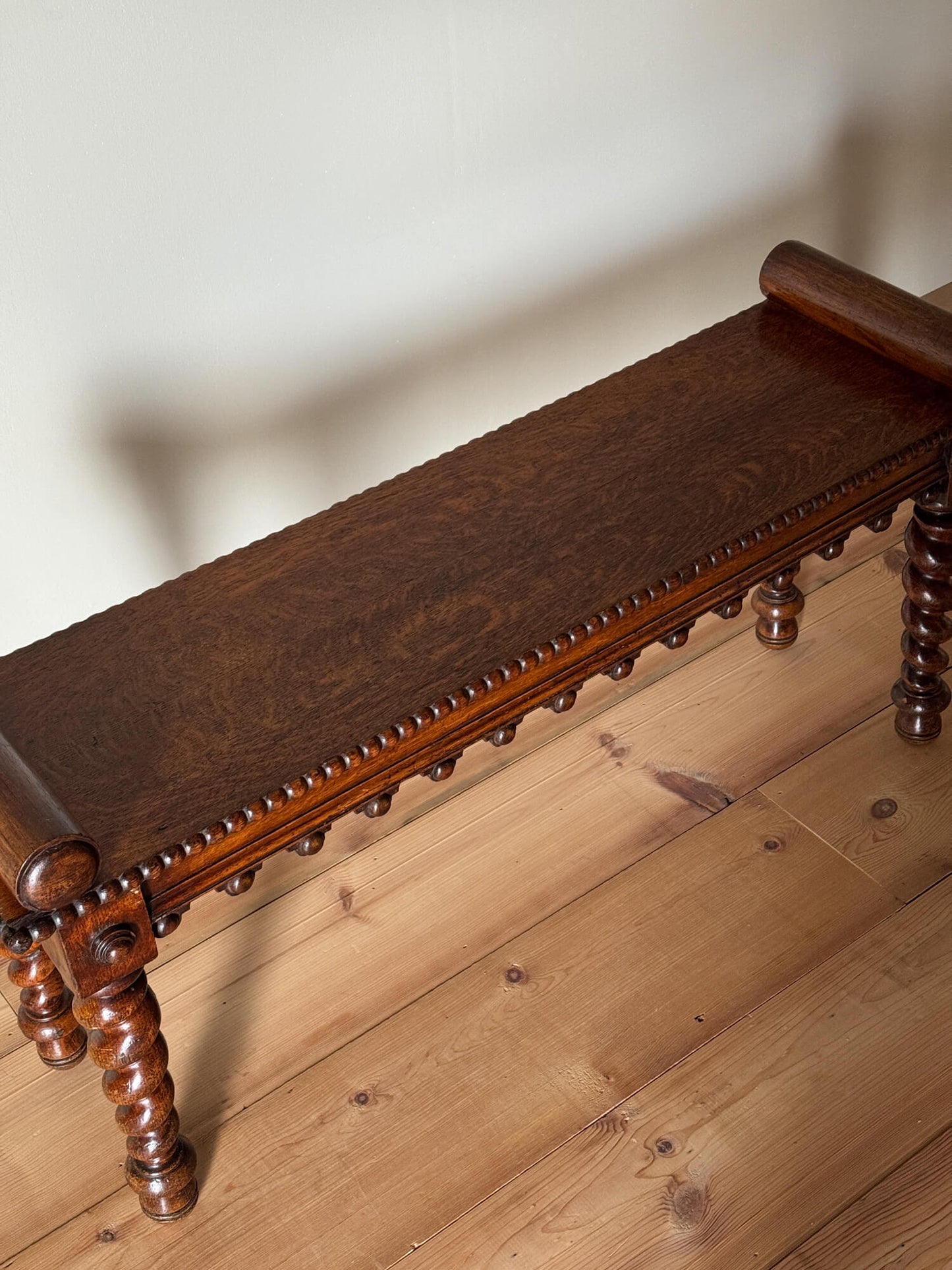 Victorian oak bench with barley twist legs